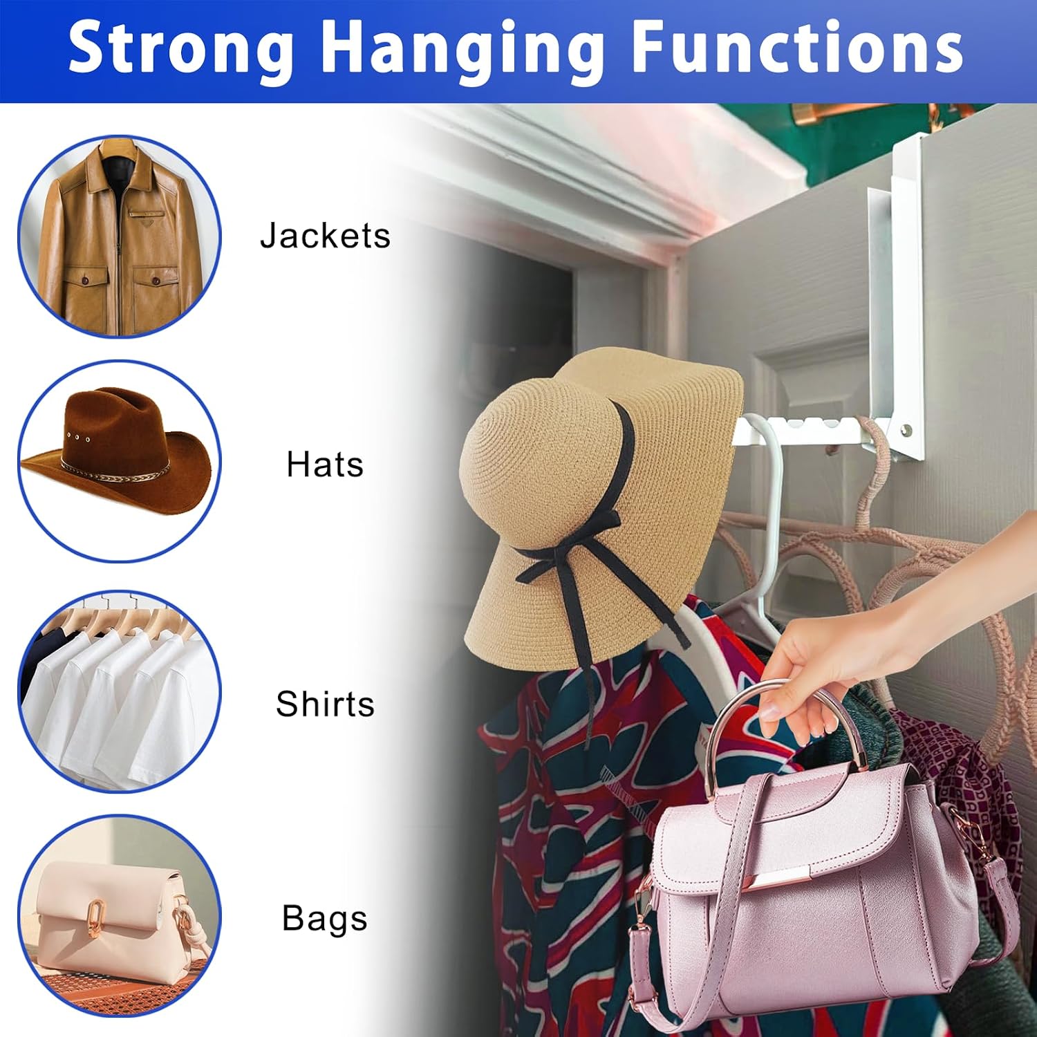 2 Pcs Over The Door Hooks Hanger,Folding Over Door Clothes Drying Laundry Rack Hooks for Hanging Clothes,Over Door Towel Racks with 6 Groves,Hanger for Clothes,Coats,Towels for Bedroom Bathroom -White