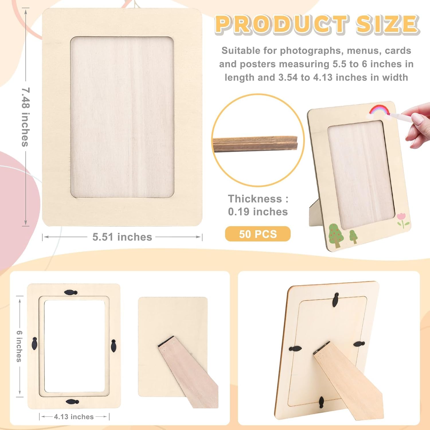 50 PCS DIY Wooden Picture Frames Bulk 4 x 6 inch Unfinished Solid Wood Standing Picture Frames DIY Crafts Wood for Painting DIY Decorate Art Birthday Party Gifts