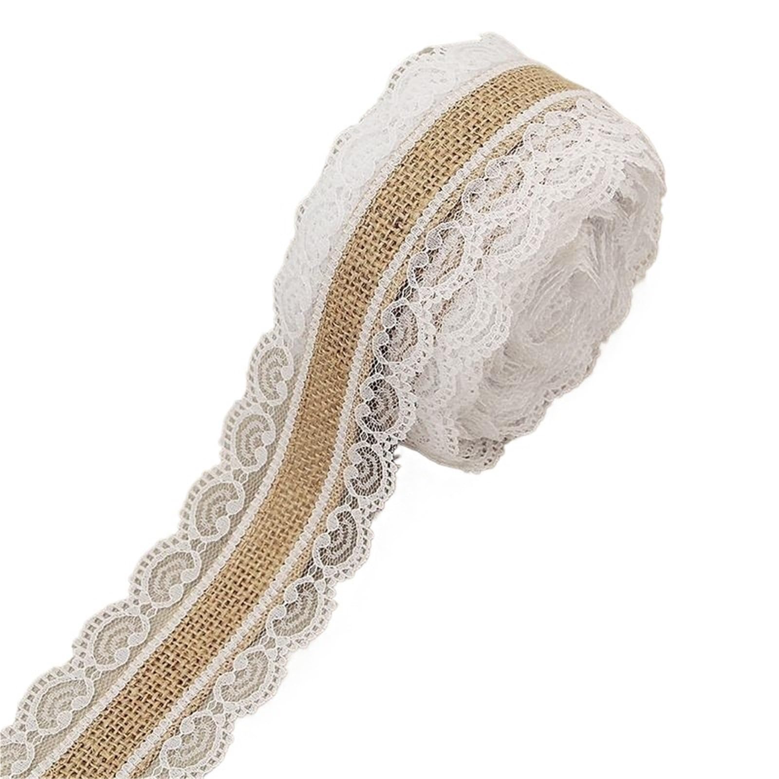 Burlap Fabric Roll 2m/roll Lace Burlap Natural Jute Hessian Ribbon with White Rustic Wedding Party Decoration Ornamentn Wrapping Decor(Color3)