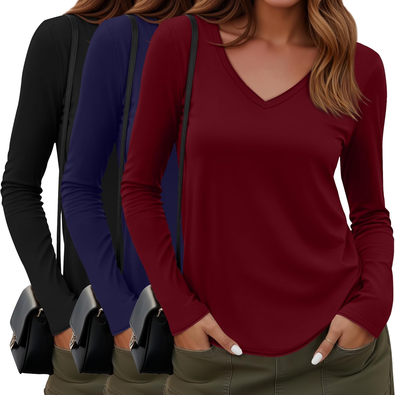 3 Pack Women's Long Sleeve Shirts Cotton V Neck Casual Tops Roll Hem Lightweight Basic Tee Soft 2026 Trendy Outfit