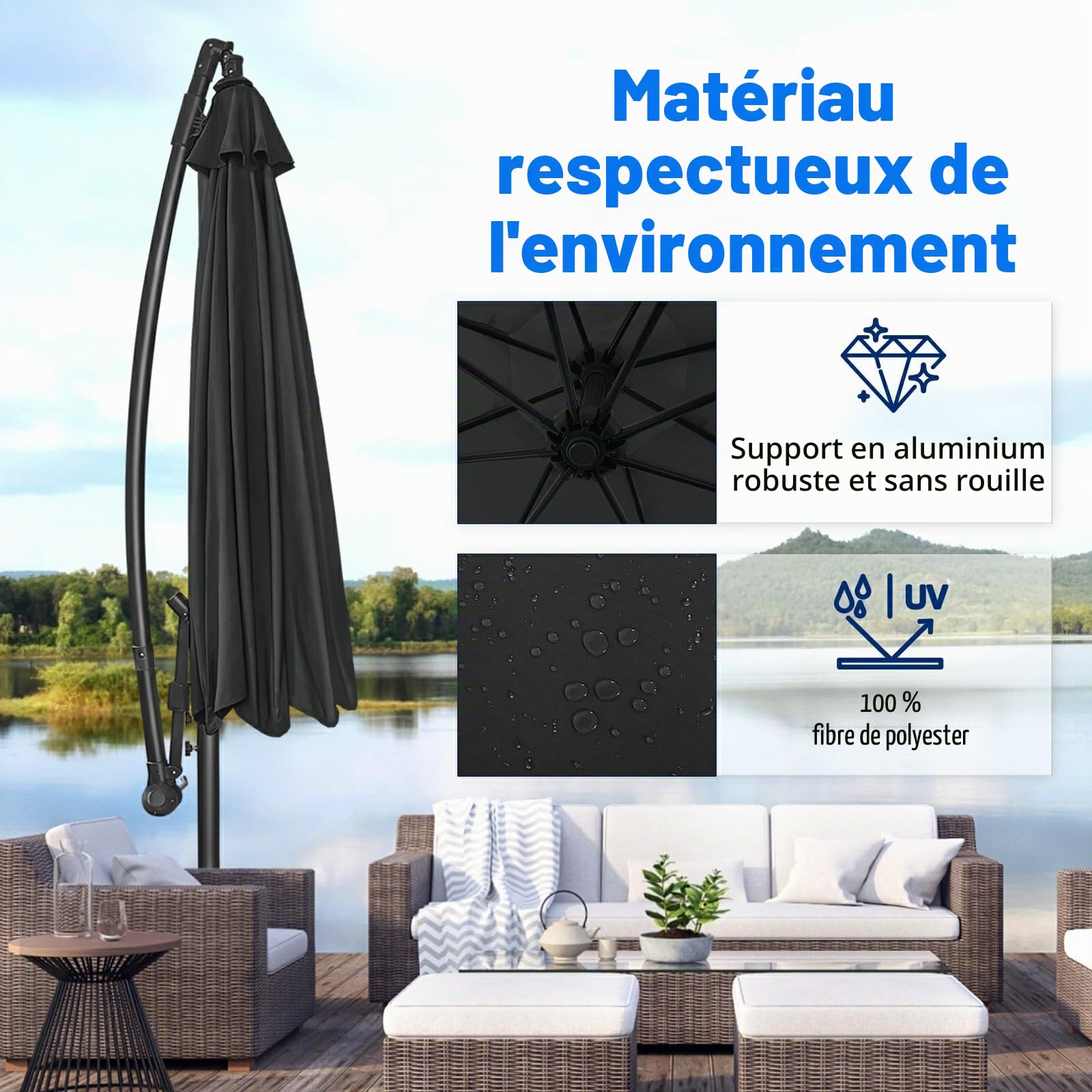Parasol de Jardin Exterieur Déporté -Protection UV et Imperméable-Parasol Balcon avec Manivelle、Fonction 360°,Inclinable,Protection UV, Résistant au Vent, 8 Baleines en Acier