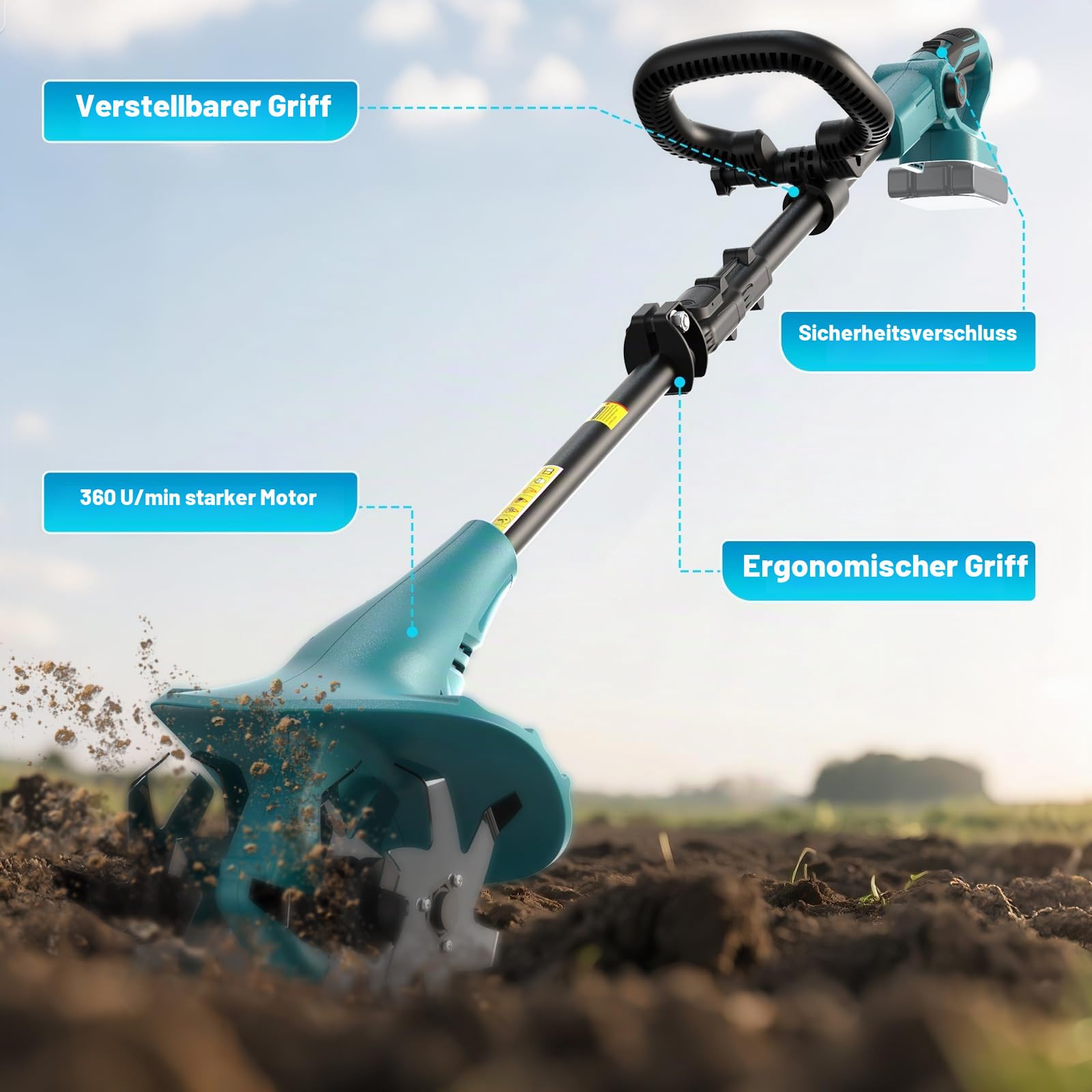 Akku-Bodenhacke Motorhacke für Makita 18V Akku – 360 U/min Motor, 20cm Arbeitsbreite & 13cm Arbeitstiefe für Beet, Acker & Landwirtschaft(Ohne Akku)