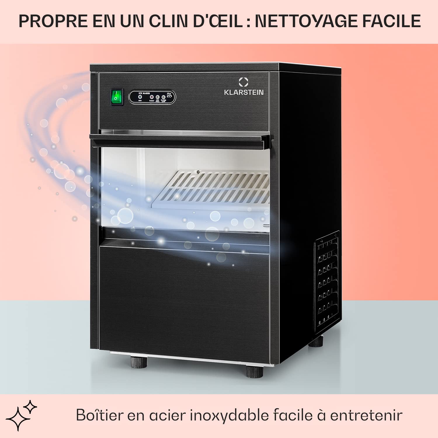 Klarstein Machine a Glacons Portable pour la Maison en Acier Inoxydable, Capacité de 1,3L, Machine a Glaces, Ice Maker Afichage LED, 145W, R600a, Capacité 20 kg, Stockage 3,5 kg, Pelle à Glace et Bac