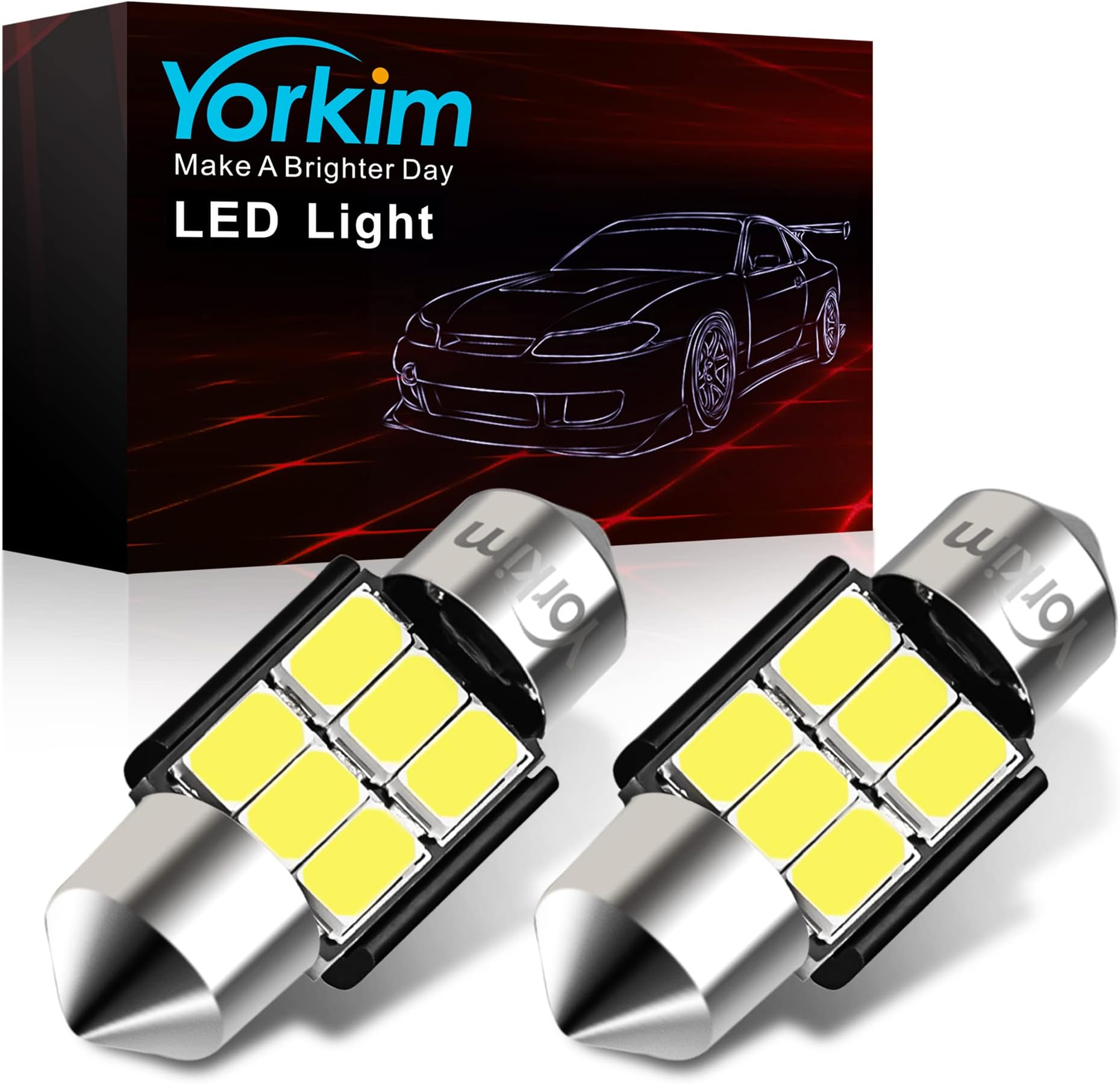 Yorkim 31mm Festoon LED Bulbs White Super Bright Interior Car Lights Error Free CANBUS 6-SMD 5730 Chipsets, DE3175 LED Bulb, DE3022 3175 LED Bulbs - Pack of 2