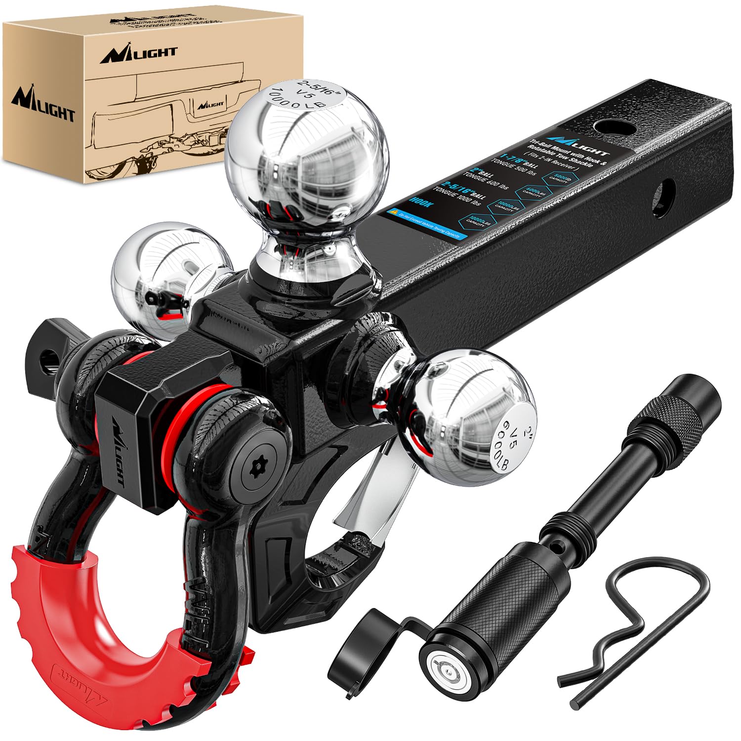 Nilight Tri-Ball Trailer Hitch Mount with Hook &amp; Anti-Theft 3/4” Shackle | for 2inch Receiver Ball Size 1-7/8” 2” 2-5/16” GTW from 5000lbs to 10000lbs for RV SUV ATV Truck