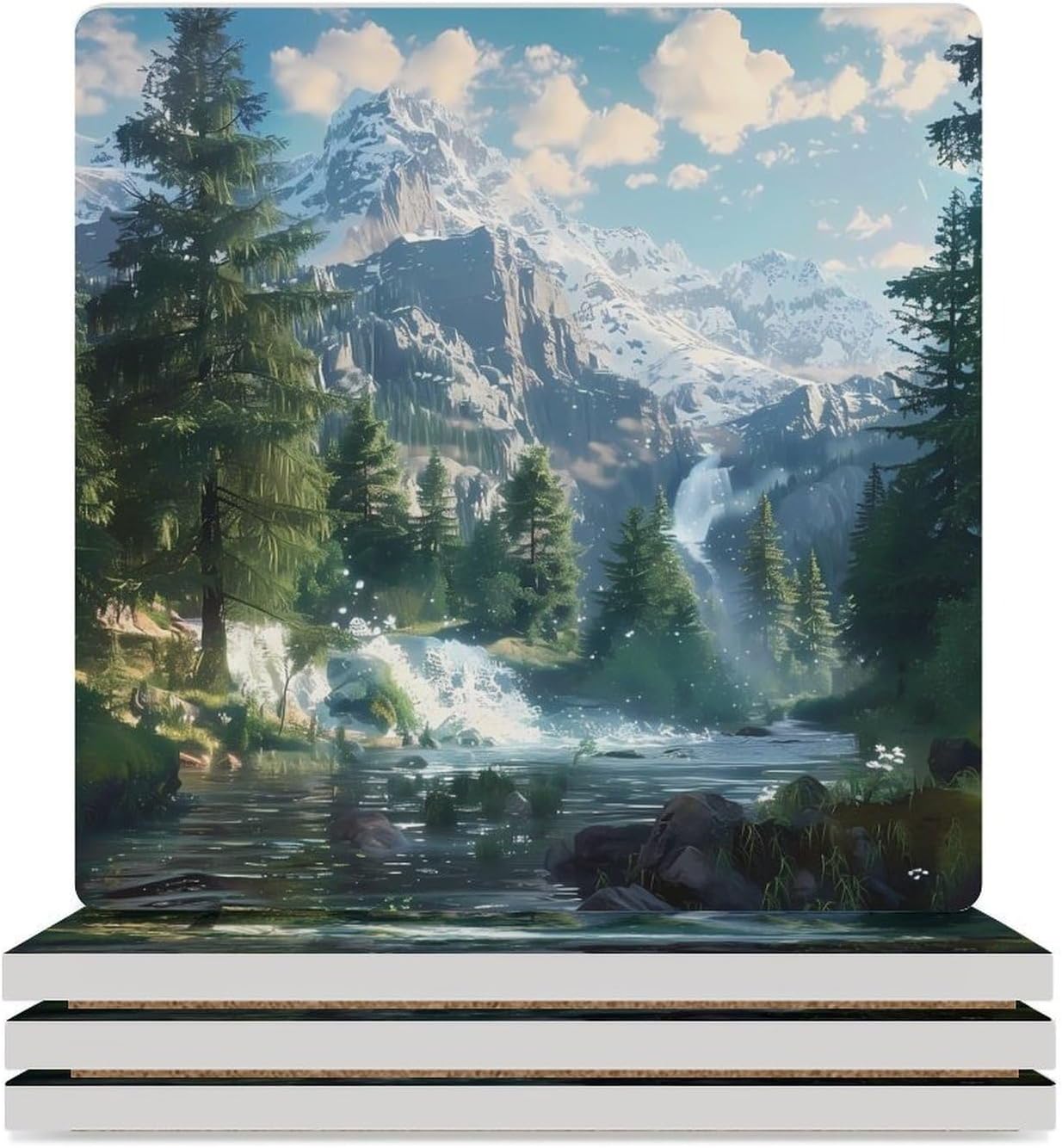 Waterfall Mountain Coaster for Drinks Square Ceramic Table Coasters Stone Mat Crafts 6PCS Home Kitchen Decor