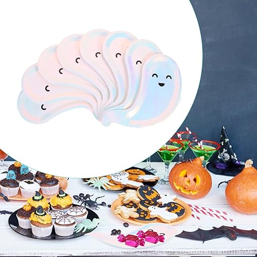 Miniatura 6 de Abaodam 40 platos de fiesta de Halloween, platos de papel desechables con forma de fantasma, plato de postre temático de Halloween, bandeja para