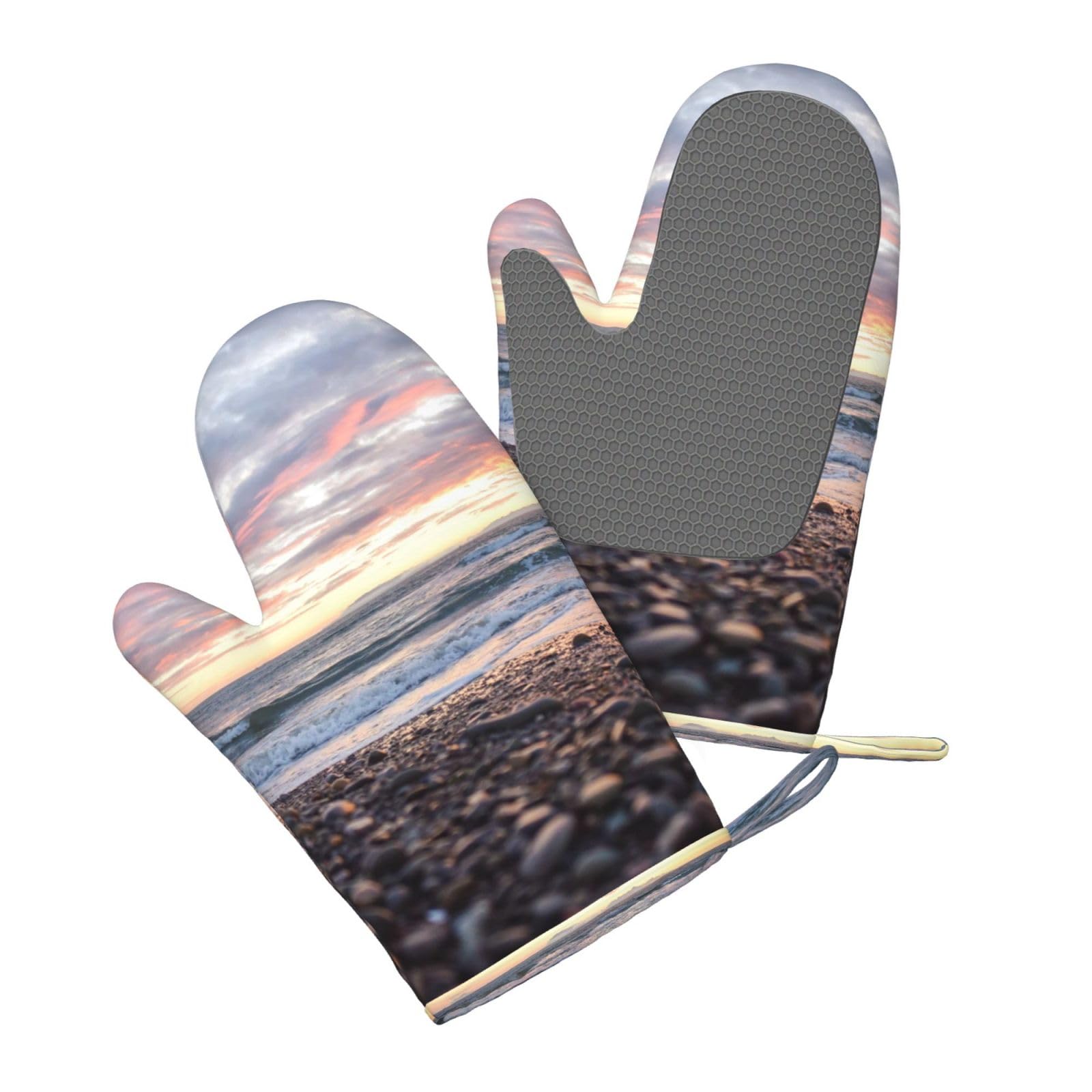 Playa Atardecer Guijarros,Juego de 4 Manoplas y agarraderas para Horno, Guantes de Cocina Antideslizantes y Resistentes al Calor.