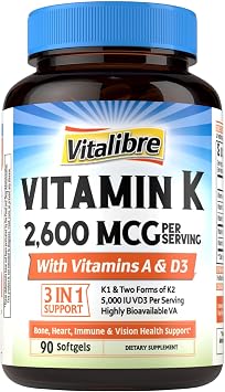 Vitalibre Vitamin K Complex, 2600 mcg K1 & K2 MK-7 & MK-4, with Vitamin A & D3 5000 IU, Bioavailable, Full Spectrum, for Bone Strength and Heart Health, 90 Softgels