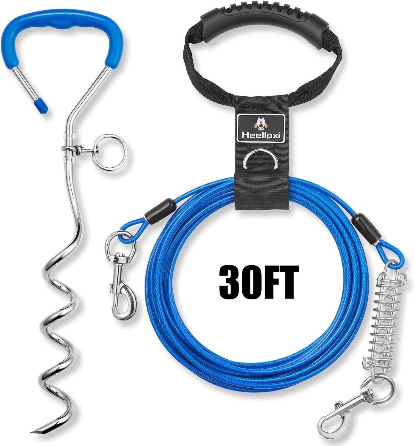 Dog Cable and Stake with Handle 30ft Yard Dog Leash Heavy Duty Cable with Shock Springs for Large Dogs up to 125lbs 360° Screwed Stake Non-Tangling, Ideal for Yard Camping and Beach Blue