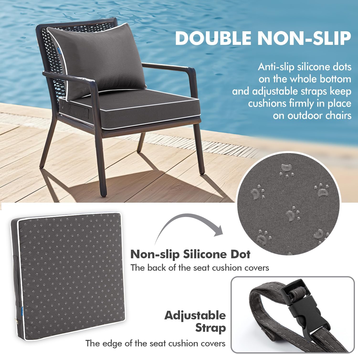 MIULEE Dark Grey Outdoor Seat Cushion 24x24 Inch Waterproof & 3 Year Fade Resistant Deep Seat and Back Cushion for Patio Furniture Chair Sofa Couch with Handle and Adjustable Straps
