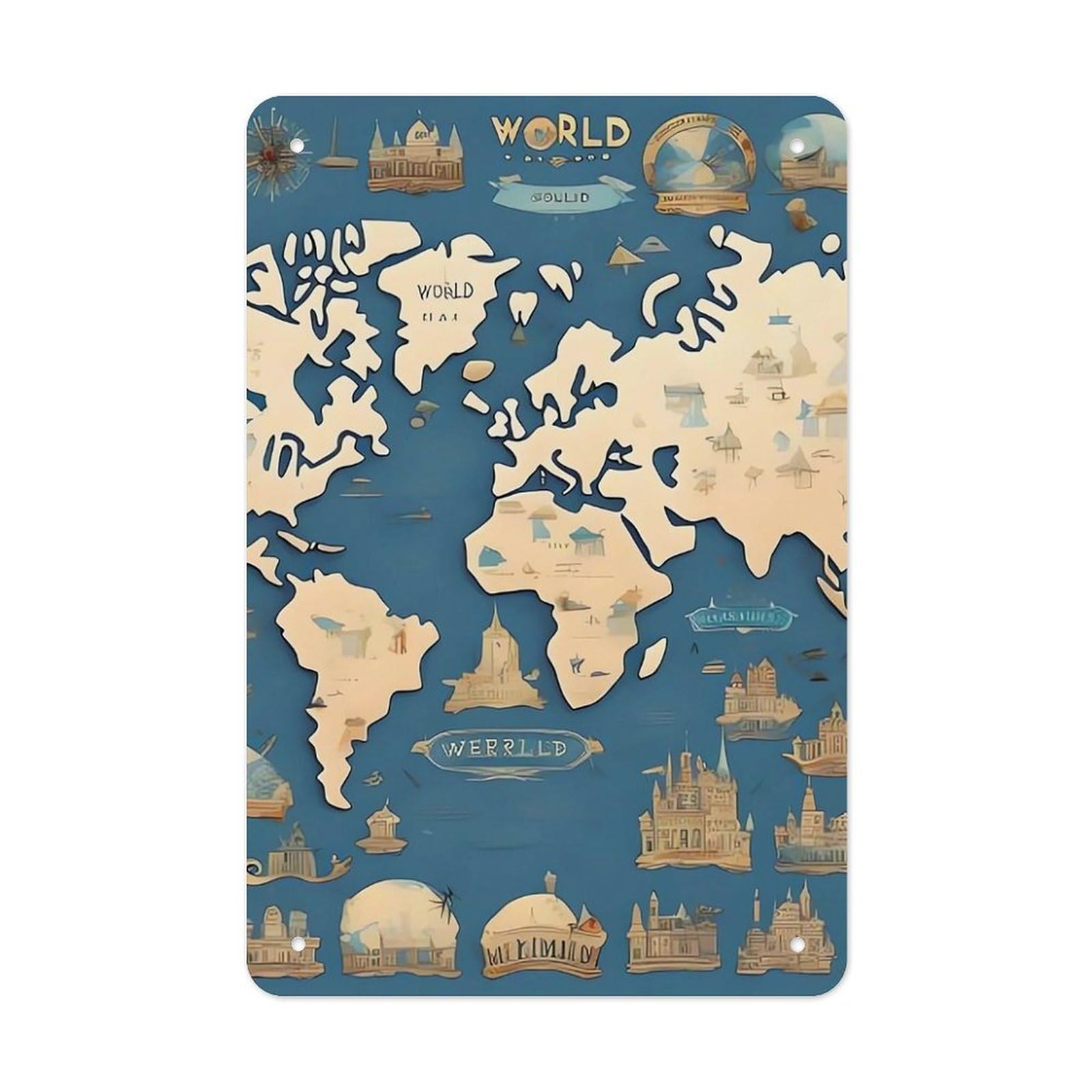 QMNLKH World Map Plaques for Wall Decor, Personalized Metal Tin Sign for Home, Multifunctional Poster for Office, Fashion Painting for Hallway, Wall Art Pictures, 7.9x11.8Inch