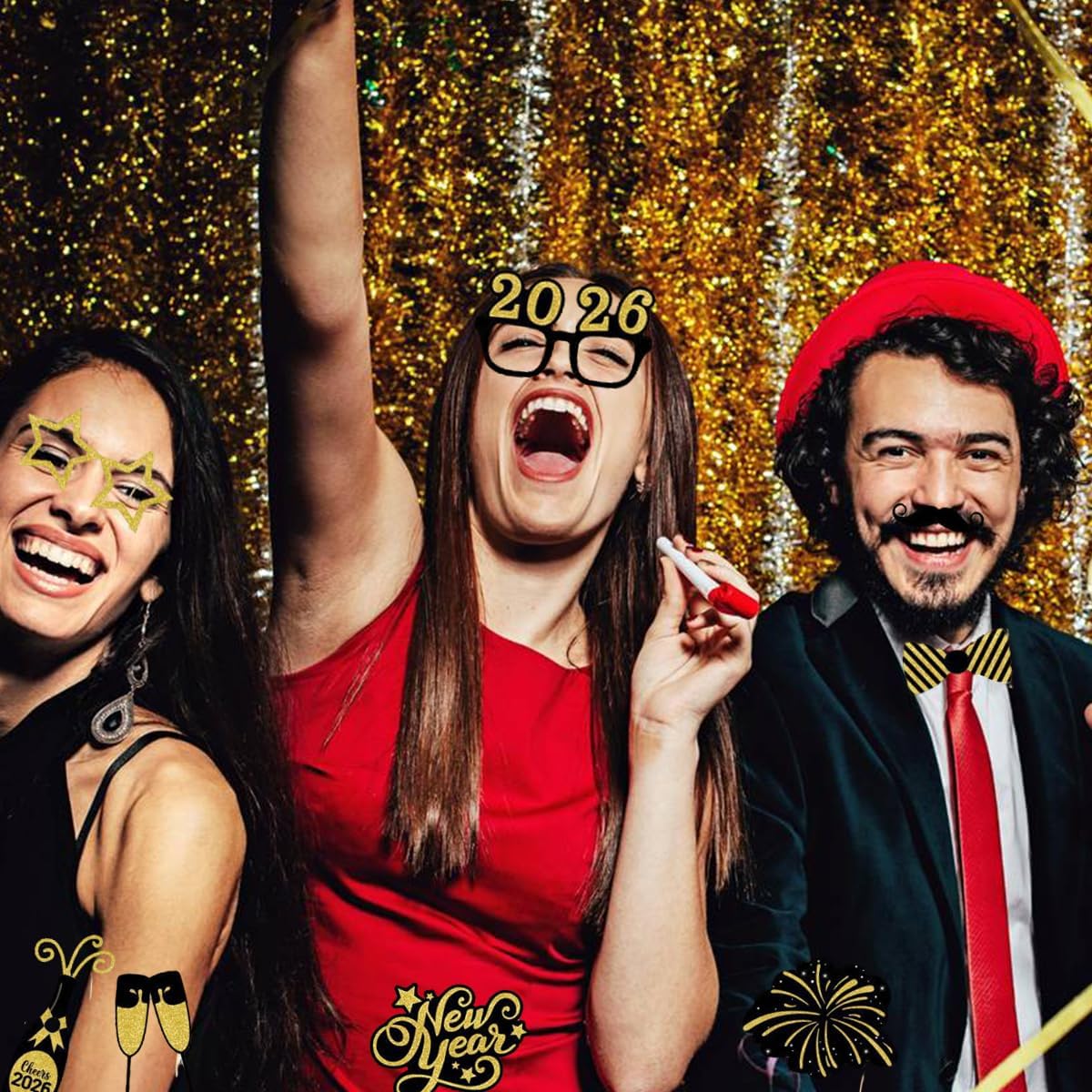 New Year's Photo Booth Props 2026 Pack of 35, Selfie Photobooth Props for Photoshoot New Years Eve Party Supplies 2026 for Happy New Year Family Masquerade Decorations - Image 4