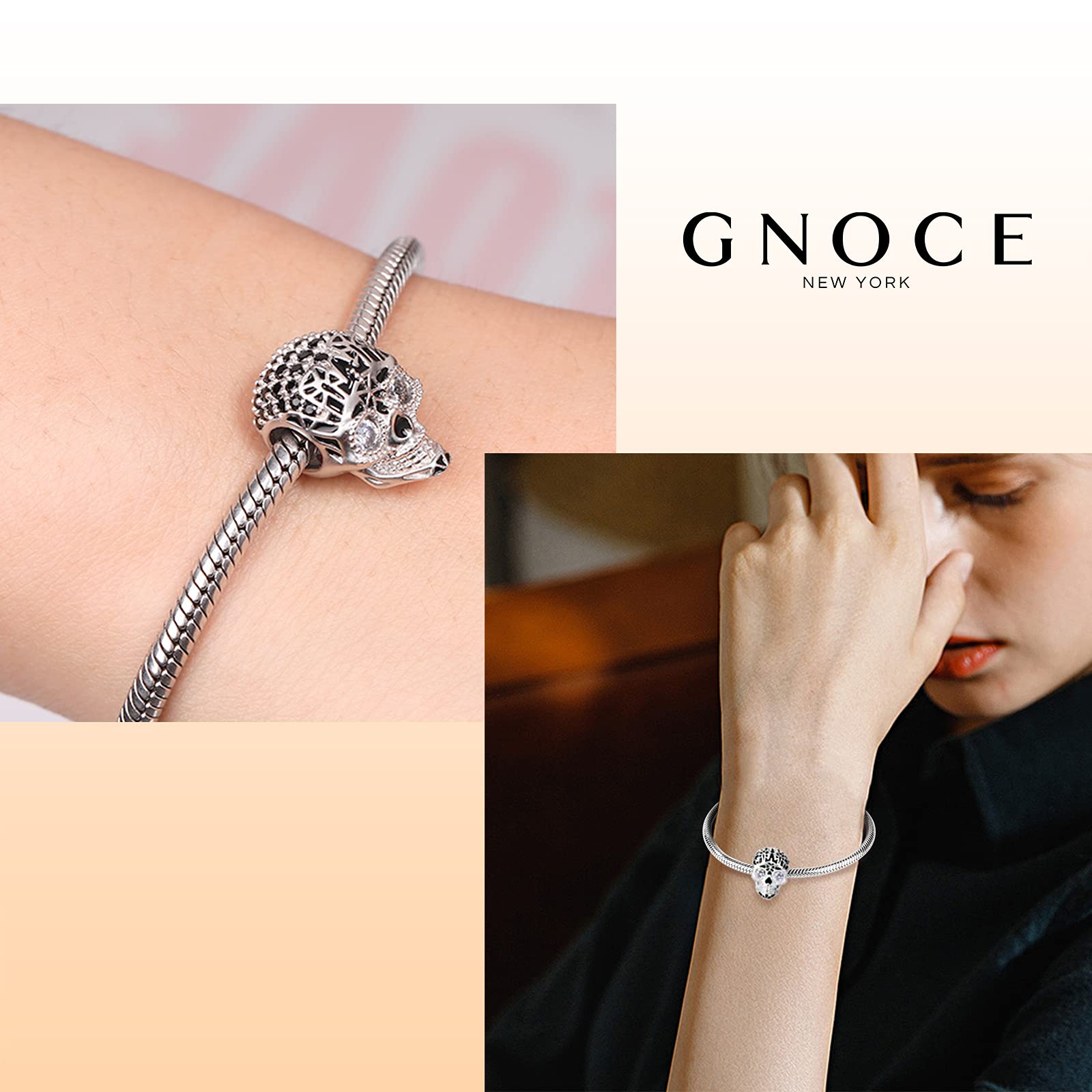 GNOCE Punk Skull Charms Beads 925 Sterling Silver Charm Bead Con Cubic Zirconia Stone Adatto a Tutti i Bracciali/Collana Regalo Fatto a Mano Per Amico