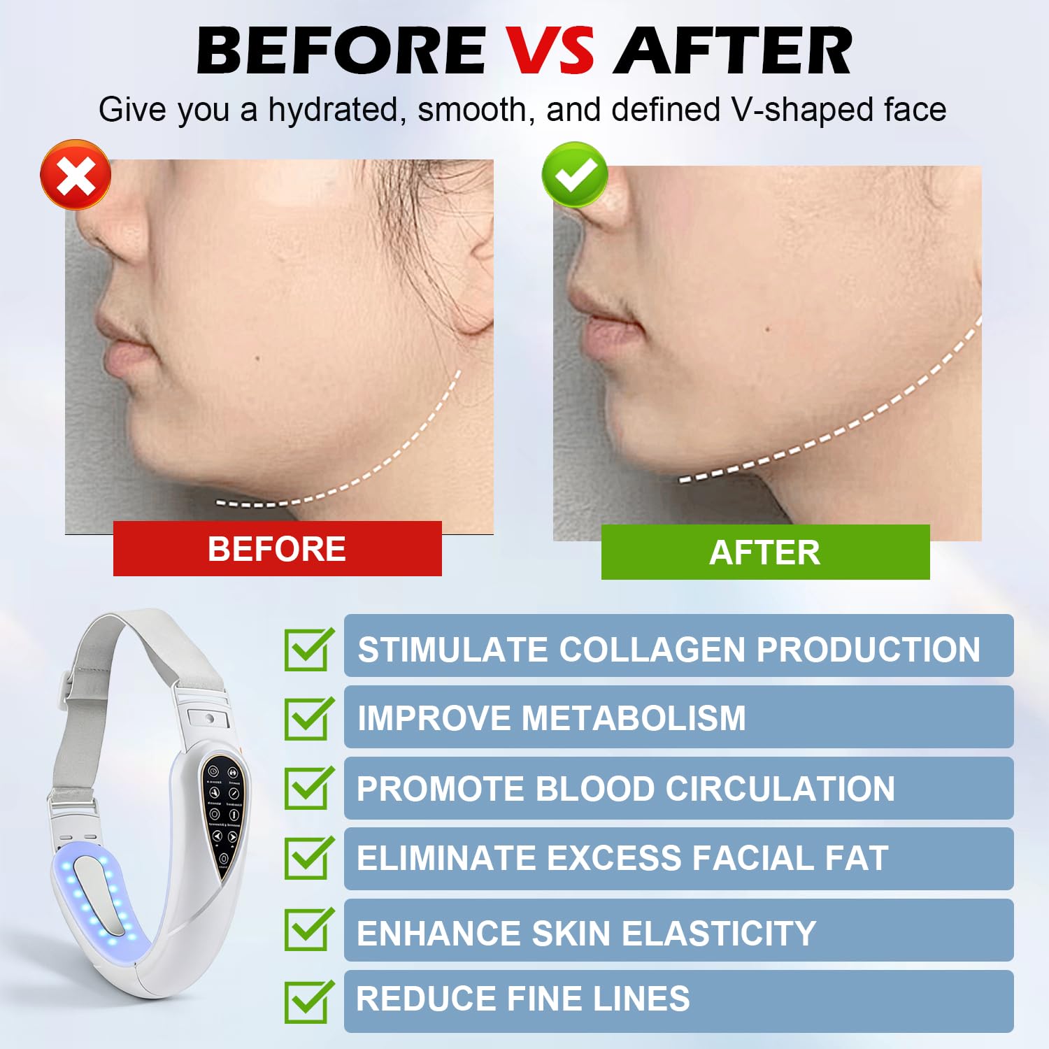 Massaggiatore elettrico V-Face Shaping, lifting & anti-rughe, doppio mento con 15 livelli di intensità, 5 EMS Mod, massaggiatore viso contro le rughe 42°C Terapia termica per contorni più stretti