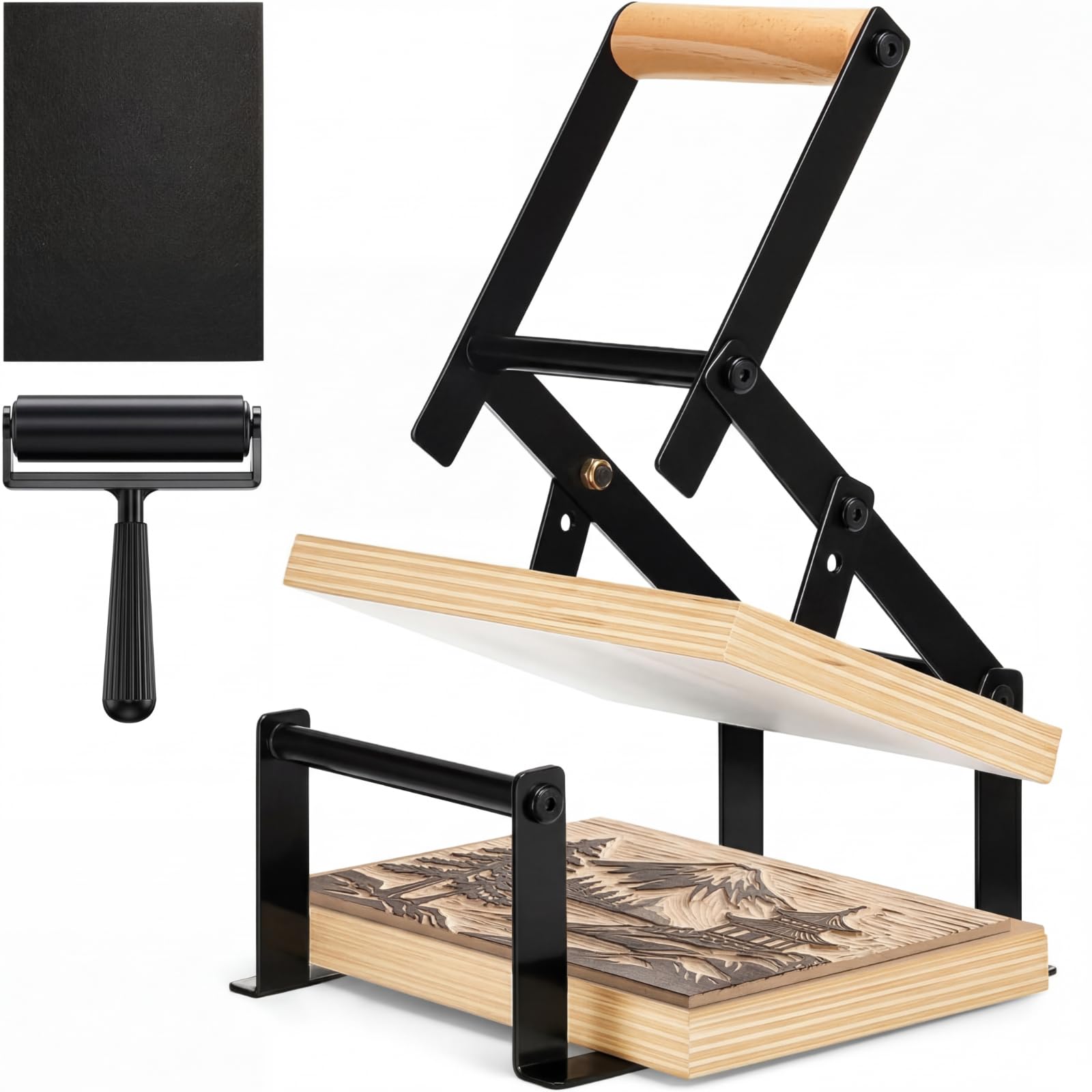 Photo 1 of Lanties Printing Linocut Hand Lever Press Machine with Rollers and Felt Pads for Lino Cuts, Cutting Printing, Linoleum Blocks Printmaking Tools Kit Print Maker Woodblock, Black(A5)