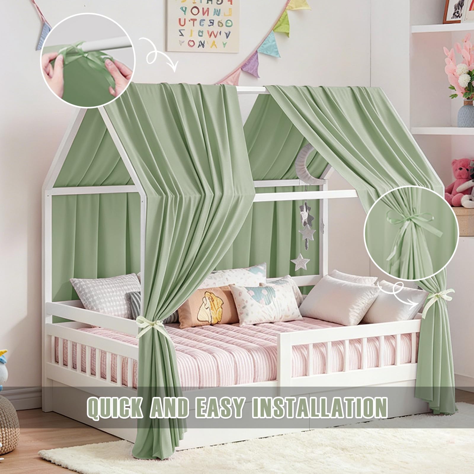 Hausbett Himmel, 2PCS Betthimmel Hausbett, Musselin himmelbett vorhänge, Hausbett Vorhang für Hausbetten, Kinderzimmer Deko Stoffhimmel für Mädchen Jungen Baldachin Kinderbett (H270 x W67CM, Grün)