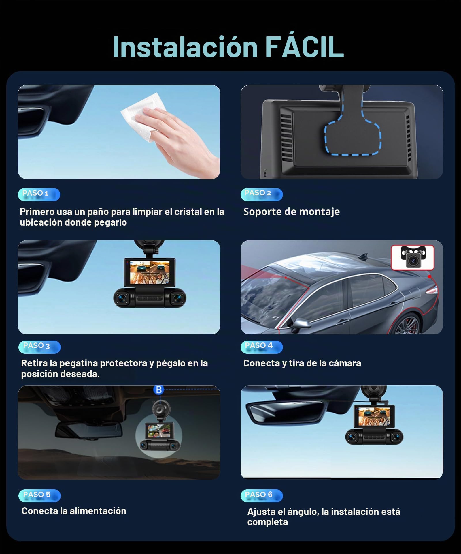 VECHTEL Cámara de salpicadero 2K para Coche,Delantera y Trasera,con WiFi,4 cámaras de salpicadero 1080P,Pantalla IPS de 3 Pulgadas visión Nocturna,Sensor G,360 ​​Grados,con 128 GB Card