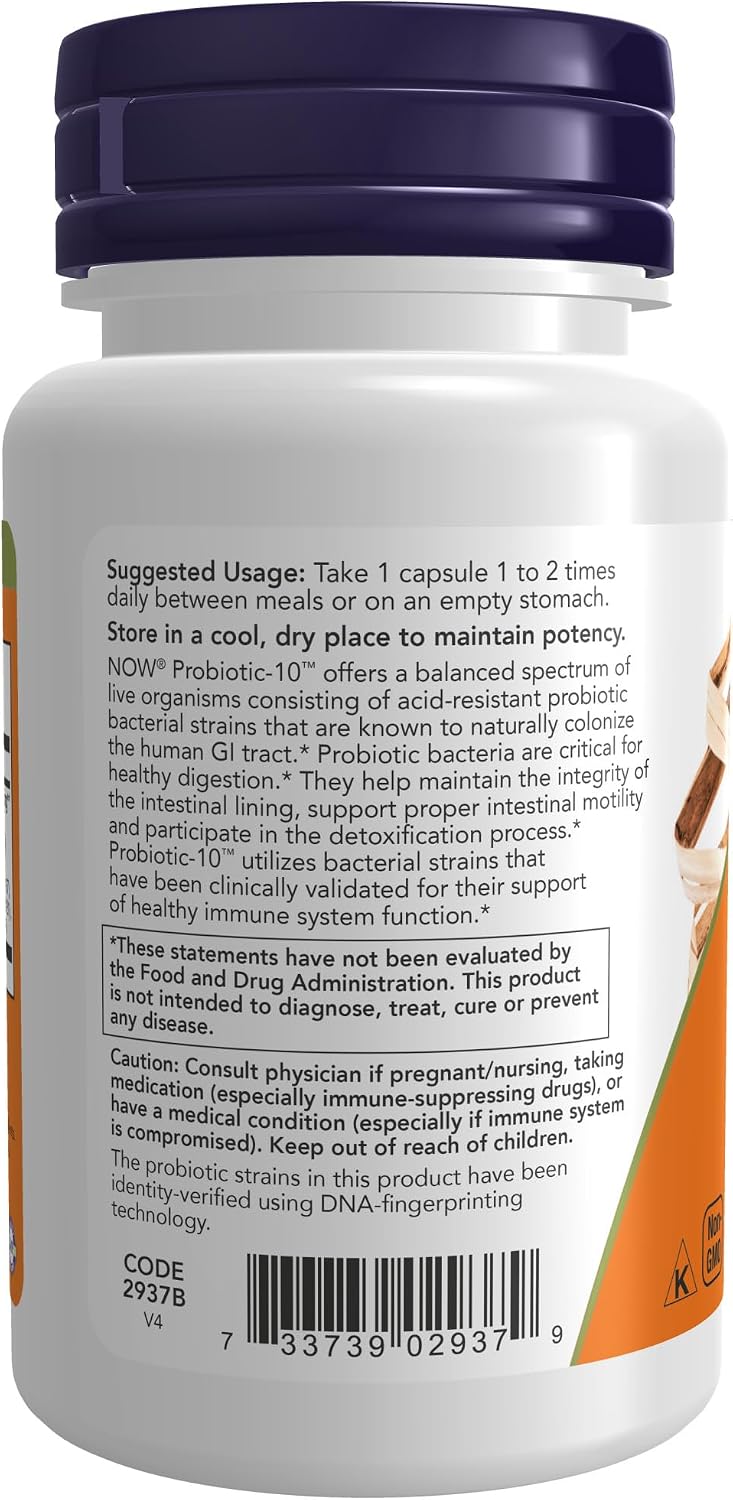 NOW Supplements, Probiotic-10™, 25 Billion, with 10 Probiotic Strains, Dairy, Soy and Gluten Free, Strain Verified, 30 Veg Capsules
