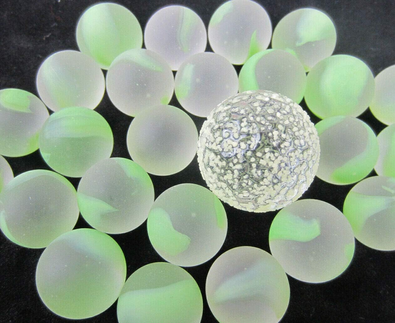 Big Game Toys~25 Glass Marbles Moon Glow Green/Yellow Speckled Classic Style Game Pack (24 Player, 1 Glow in The Dark Shooter) Decor/Vase Filler/Aquarium Shooter Patch MIB