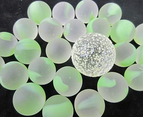 Miniatura 6 de ~ 25 bolas de alienígena de canicas de vidrio verde/amarillo moteadas estilo clásico paquete de juego (24 jugadores, 1 tirador que brilla en la