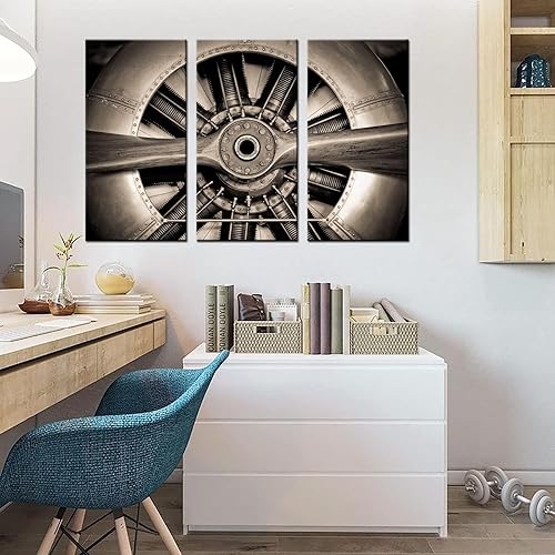 Miniatura 2 de KLVOS - Lienzo de 3 paneles con hélice de avión, arte de pared, diseño retro de ingeniería de motor de avión, imagen de primer plano, decoración de