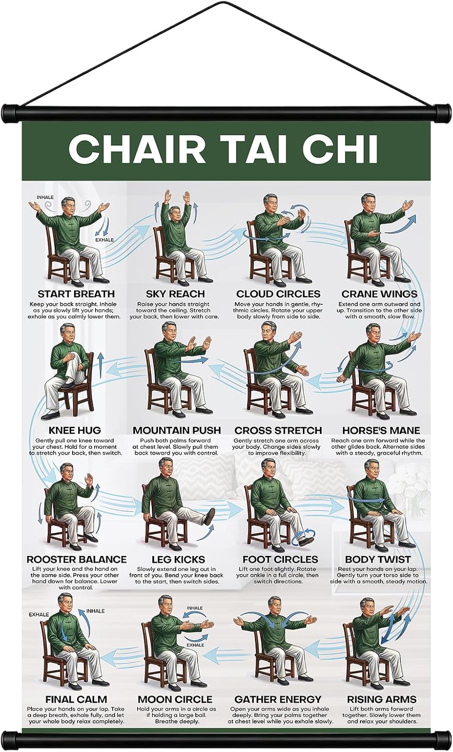 Tai Chi Chair Workout Chart for Seniors Over 60, Tai Chi with Hanging Kit