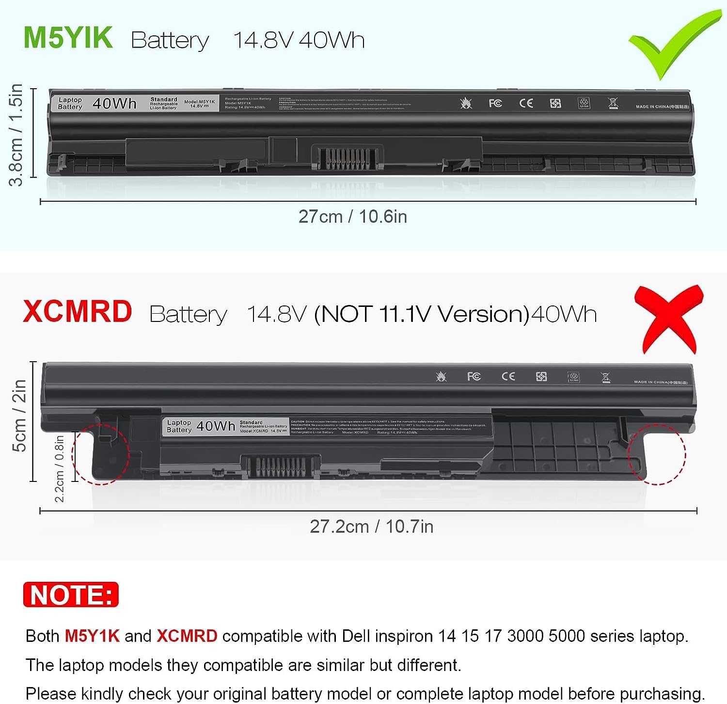 M5Y1K 40Wh Laptop Batteria di ricambio 14.8V per Dell Inspiron 14 15 17 5000 3000 Series 5559 5558 3551 3451 3558 3567 5755 5756 5458 5758 5759 GXVJ3 453-BBBQ WKRJ2 VN3N0 HD4J0 991XP P64G P63F P51F