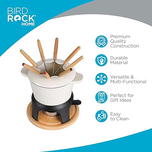 Miniatura 2 de BIRDROCK HOME Juego de ollas de fondue de hierro fundido | 8 tenedores de fondue, quemador de seguridad cromado | Chocolate, queso, fusión,