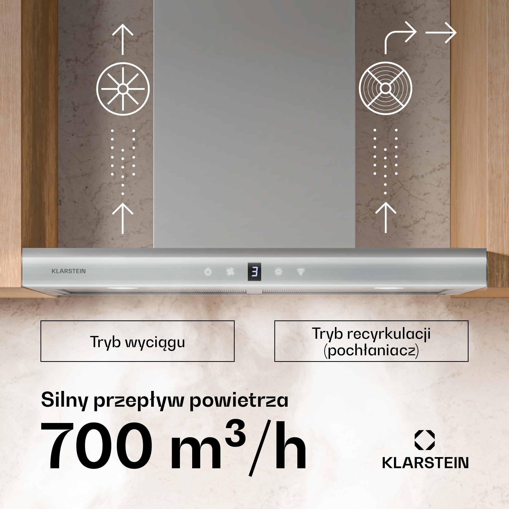 Klarstein Auriana okap kuchenny – 60 cm, przepustowość powietrza 700 m³/h, efektywność energetyczna A+, sterowanie Wi-Fi i dotykowe, oświetlenie LED 6000 K, silnik 110 W, czarny, filtr powietrza
