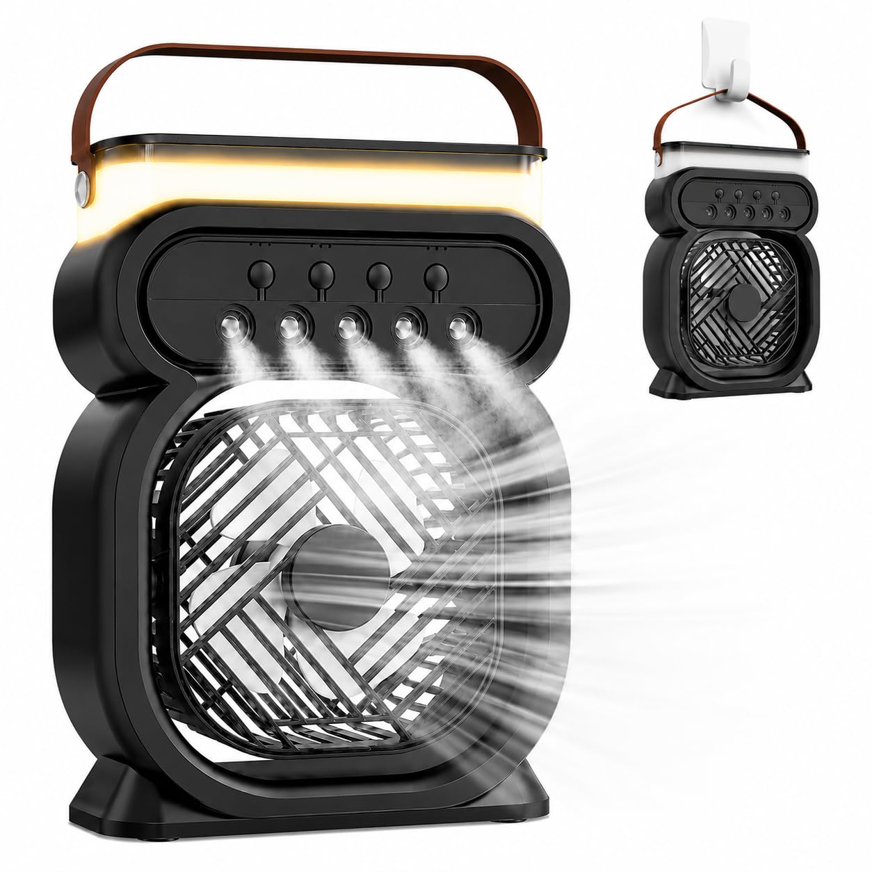 Mini Portable AC Air Conditioner, Evaporative Cooler Fan That Cools Like an AC 5-Mist, 3 Speeds, Timer, 7-Color Light, 450ml Tank Personal Hoseless Water AC Unit for Bedroom Office Car Camping(Black)