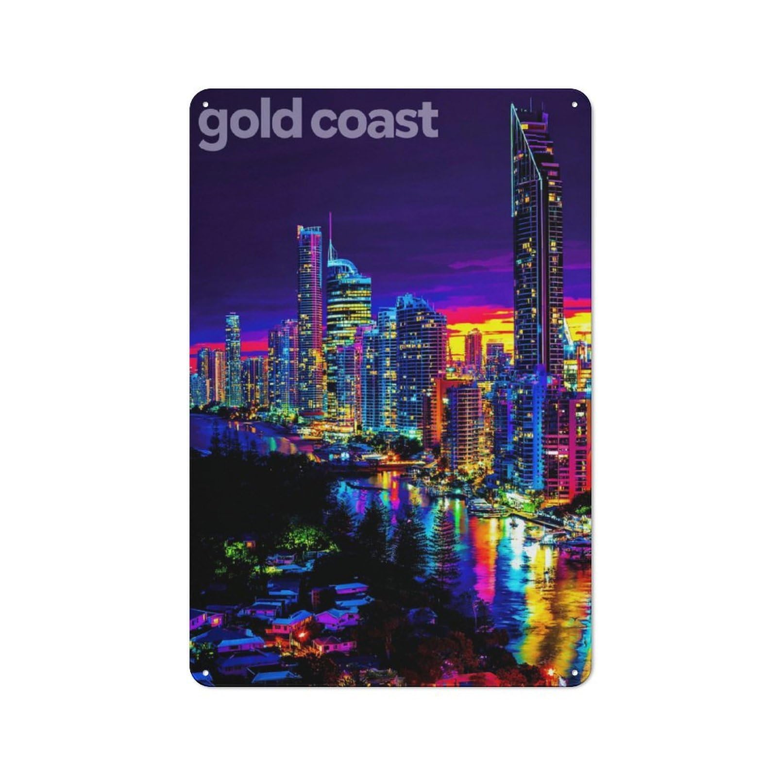Junmoney Vibrant Gold Coast Nightscape -1 Office Metal Sign With Design 30X20cm, Classic Study Room Decor For Office, Study, Studio Or Hallway