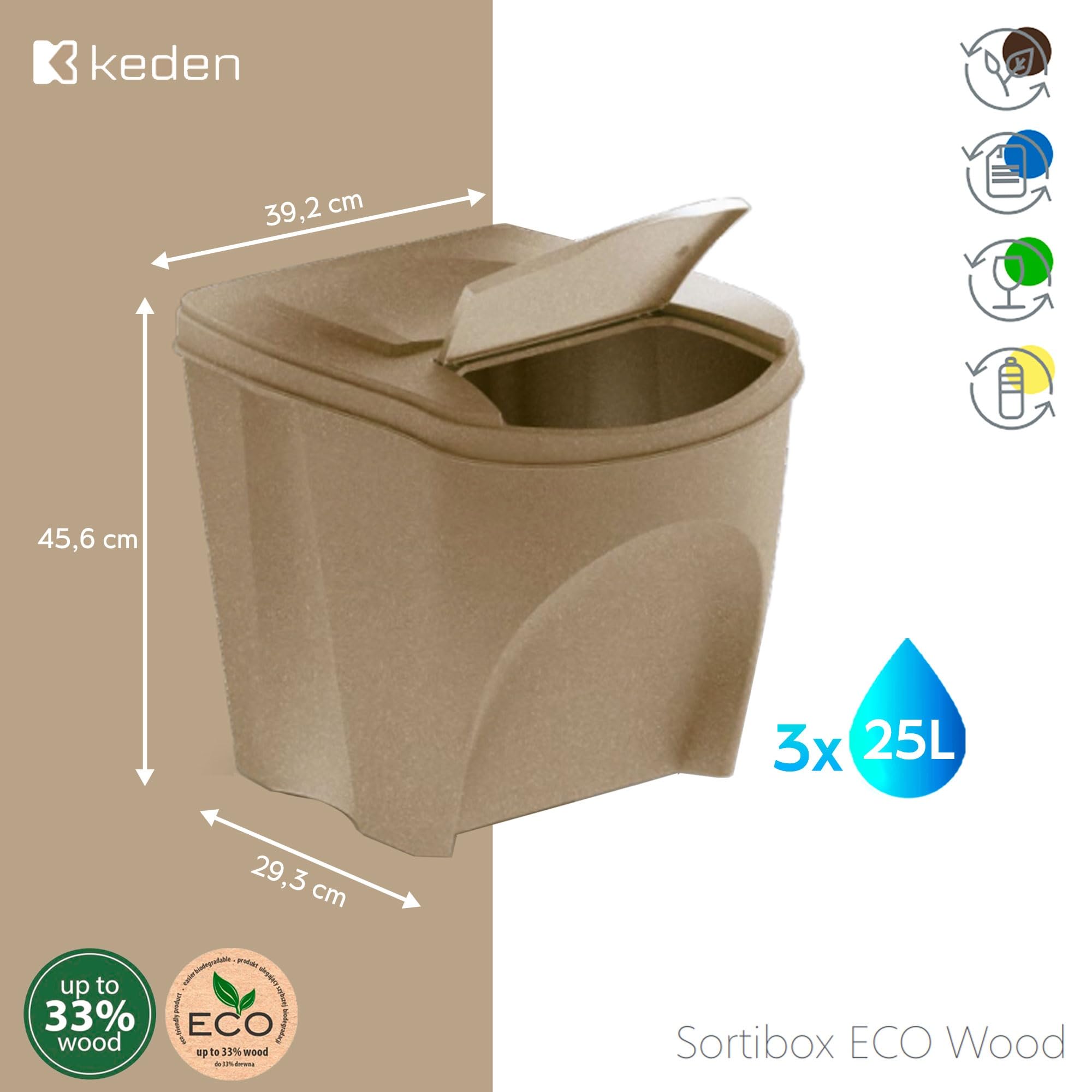 KEDEN Sortibox Lot de 3 poubelles pour le recyclage avec rabat 25L chacun 39x29x45 cm