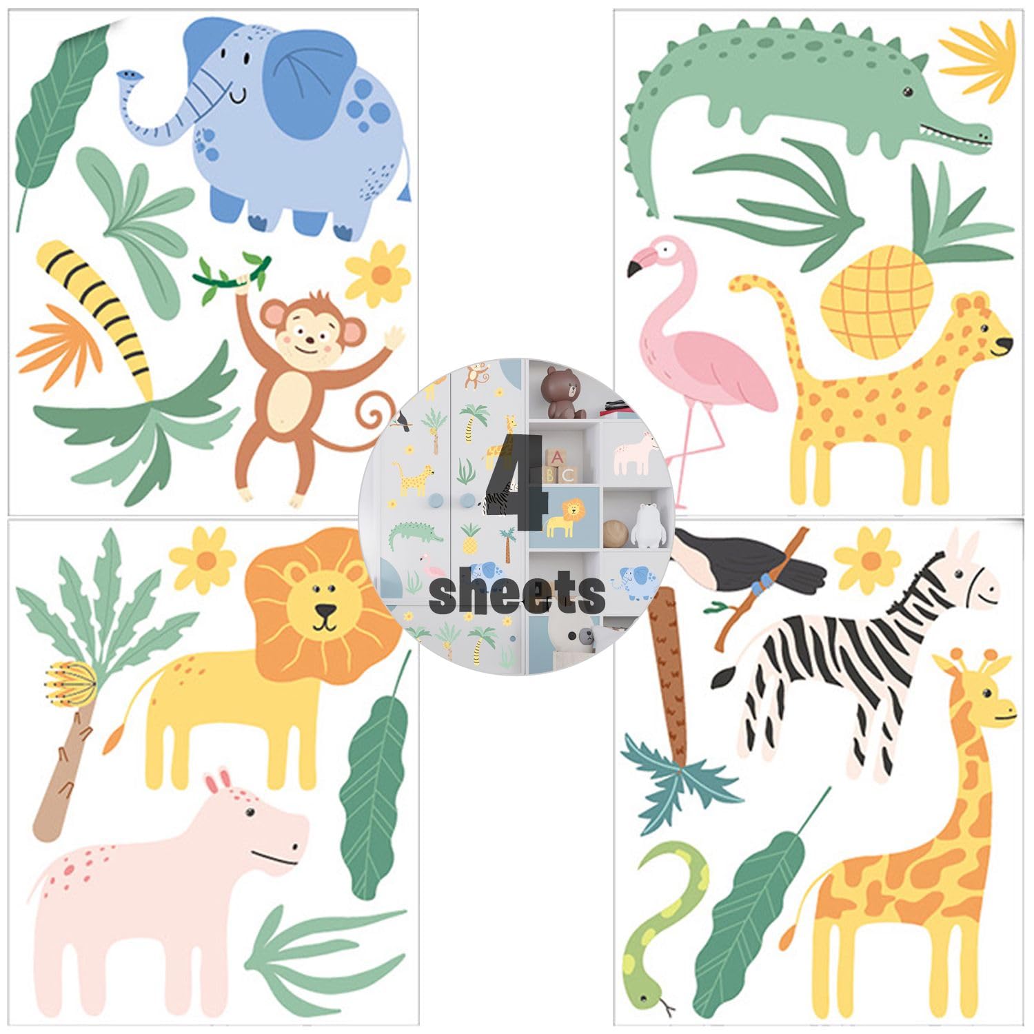 Home Smart Kid's Animals Wall Stickers 4 Sheets Assorted Color Room Decor and Birthday