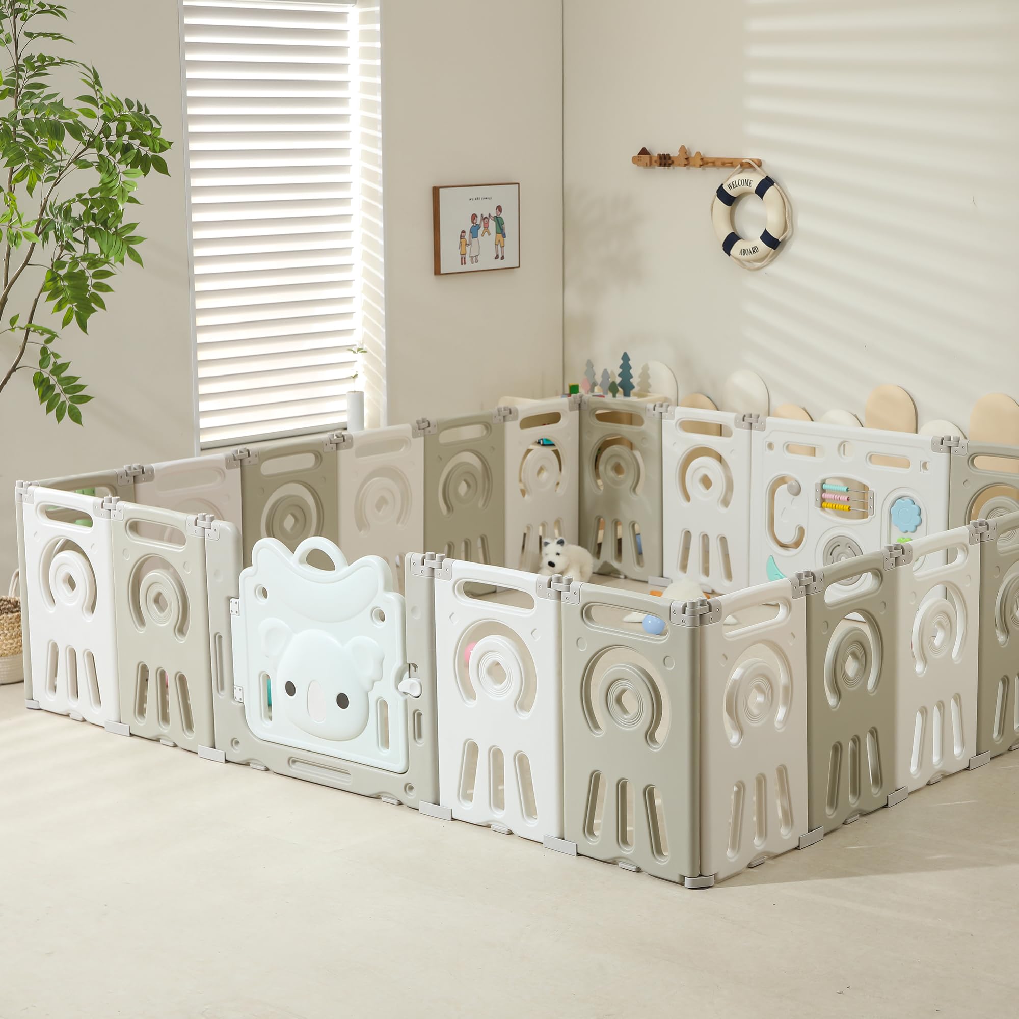 IFLETH Foldable Koala Playpen for Toddlers, 22 Panel Large Baby Play Yard, Portable Baby Fence - Grey & White