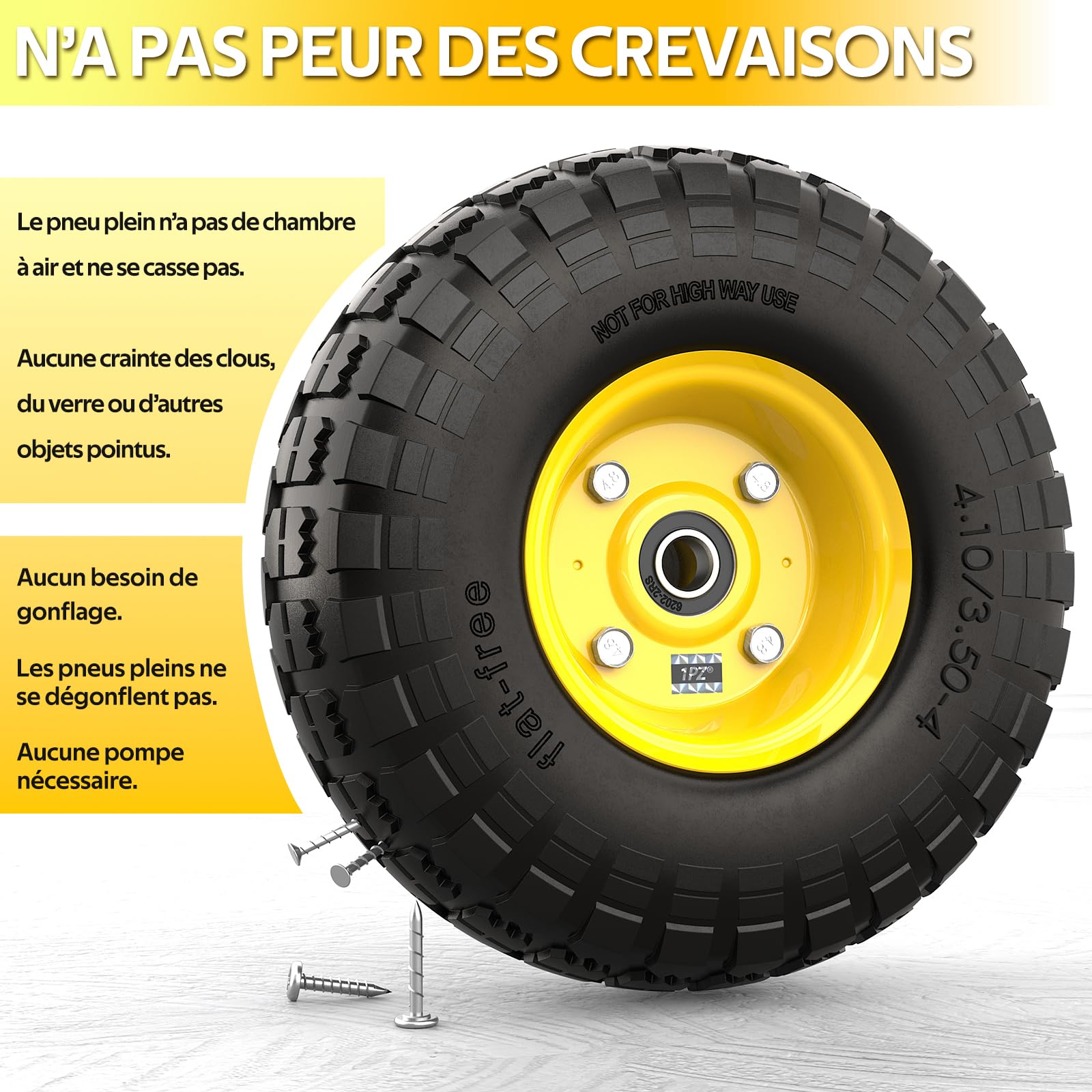 1PZ FR3-LQ8 4.10/3.50-4 Pneu plein 255 mm 10 pouces Roue Complète Roue Increvable pour Diable Chariot Brouette Charge maximale de 400 livres 2 pièces