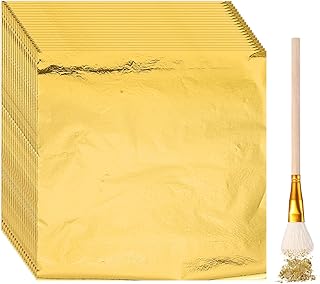 Cunhill 100 Pcs Gold Leaf Sheets for Art Foil Paper Leaf Art Foil Sheets Gilding Brush Thin Paper Craft for Painting Gilding Crafting Decoration,5.5 x 5.5 Inches (Karat Gold)