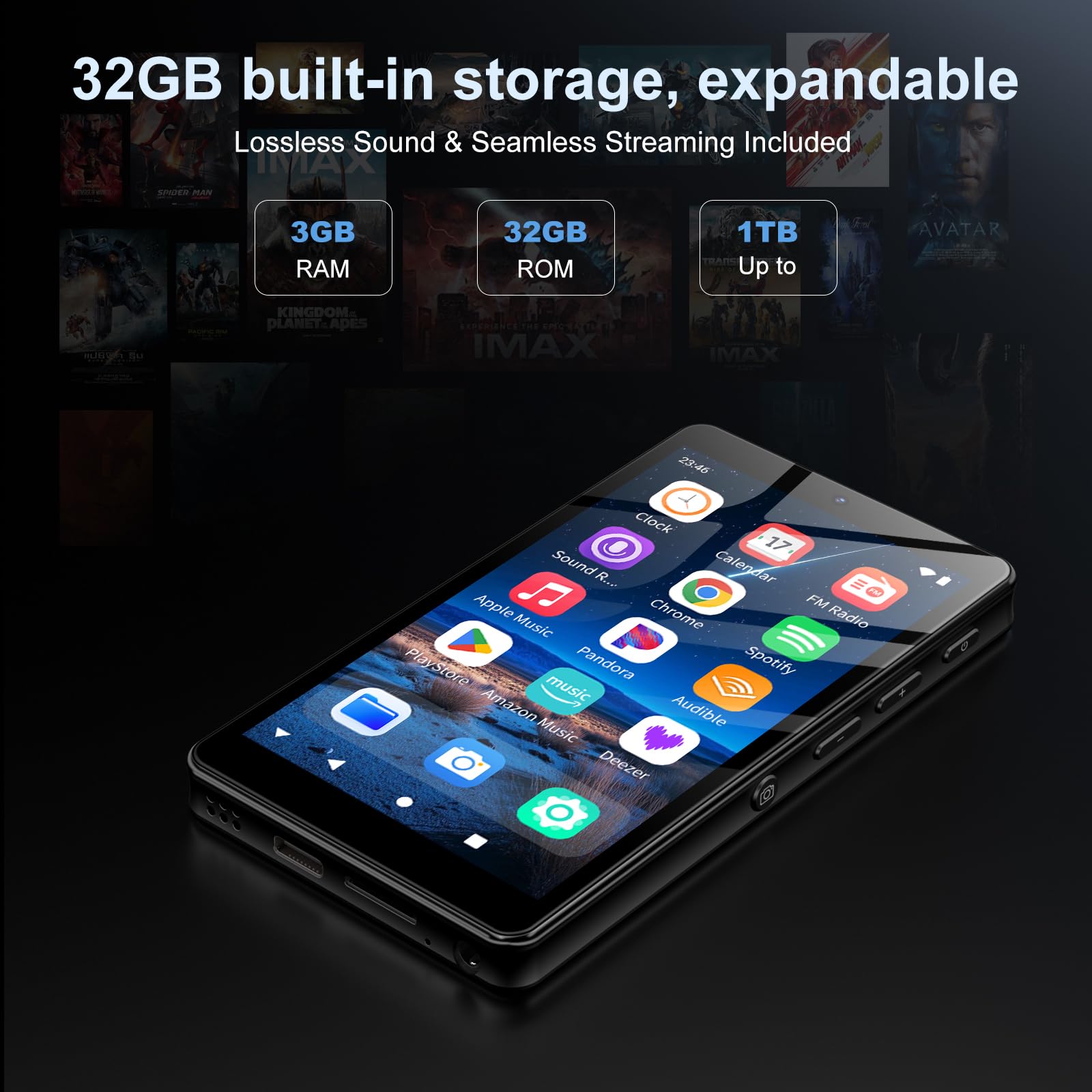 Reproductor MP3 32GB con Bluetooth y WiFi, Cámara, Oilsky 4,02" Android 13 Reproductor de Música HD con Spotify, Audible, Deezer, MP4 Pantalla Táctil y Altavoz