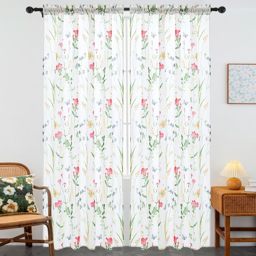 youleyar Floral Curtains 84 Inches Long for Living Room 2 Panels Printed Pattern Curtain Rod Pocket Spring Summer Watercolor Flowers/Leaves Window Drapes for Girls Bedroom, 52" W x 84" L