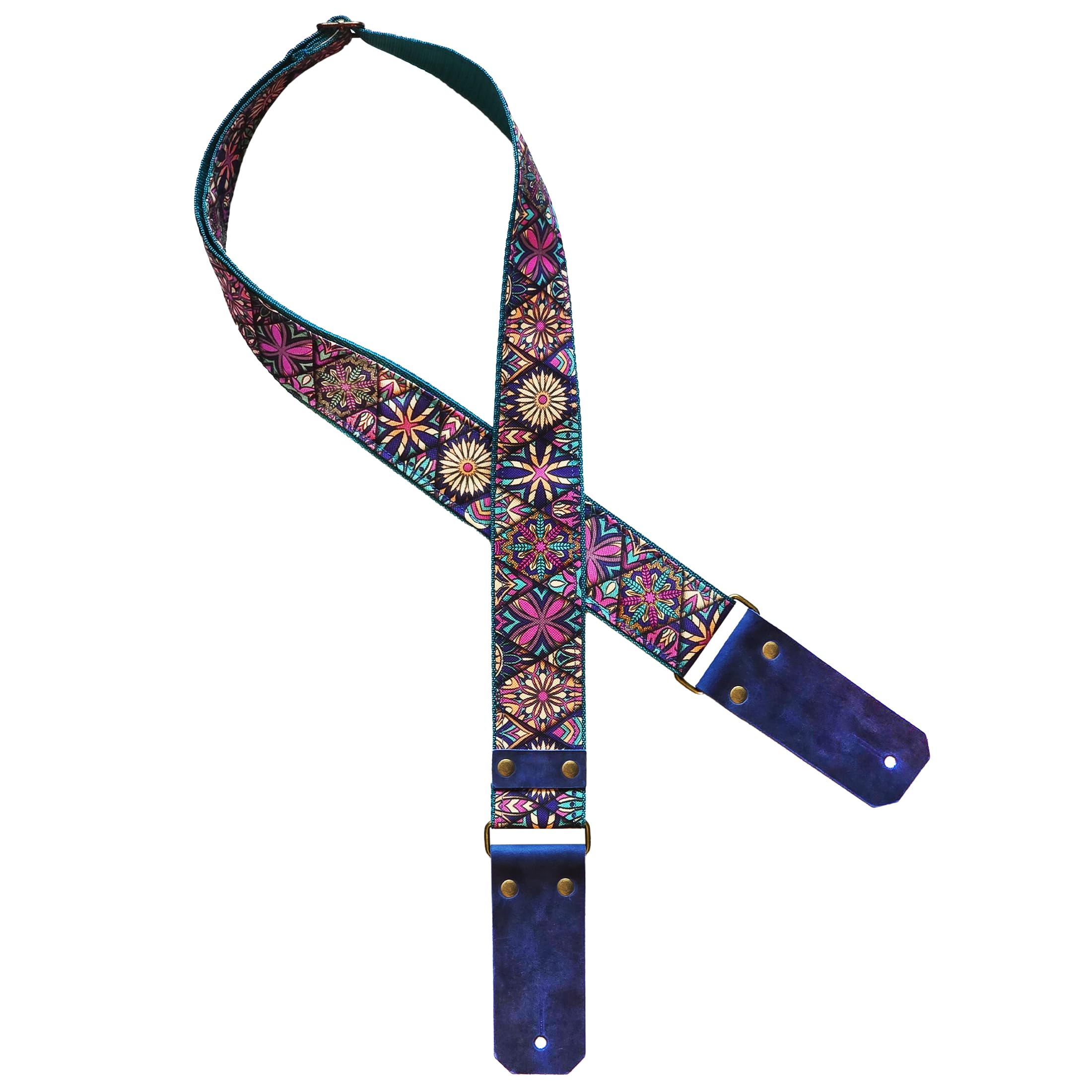 BigBo Blau & Türkis Gitarrengurt Orientalischer Gurt mit Plektrumhalter Vintage Gitarrengurt Geometrisches Design Natutal Leder Enden