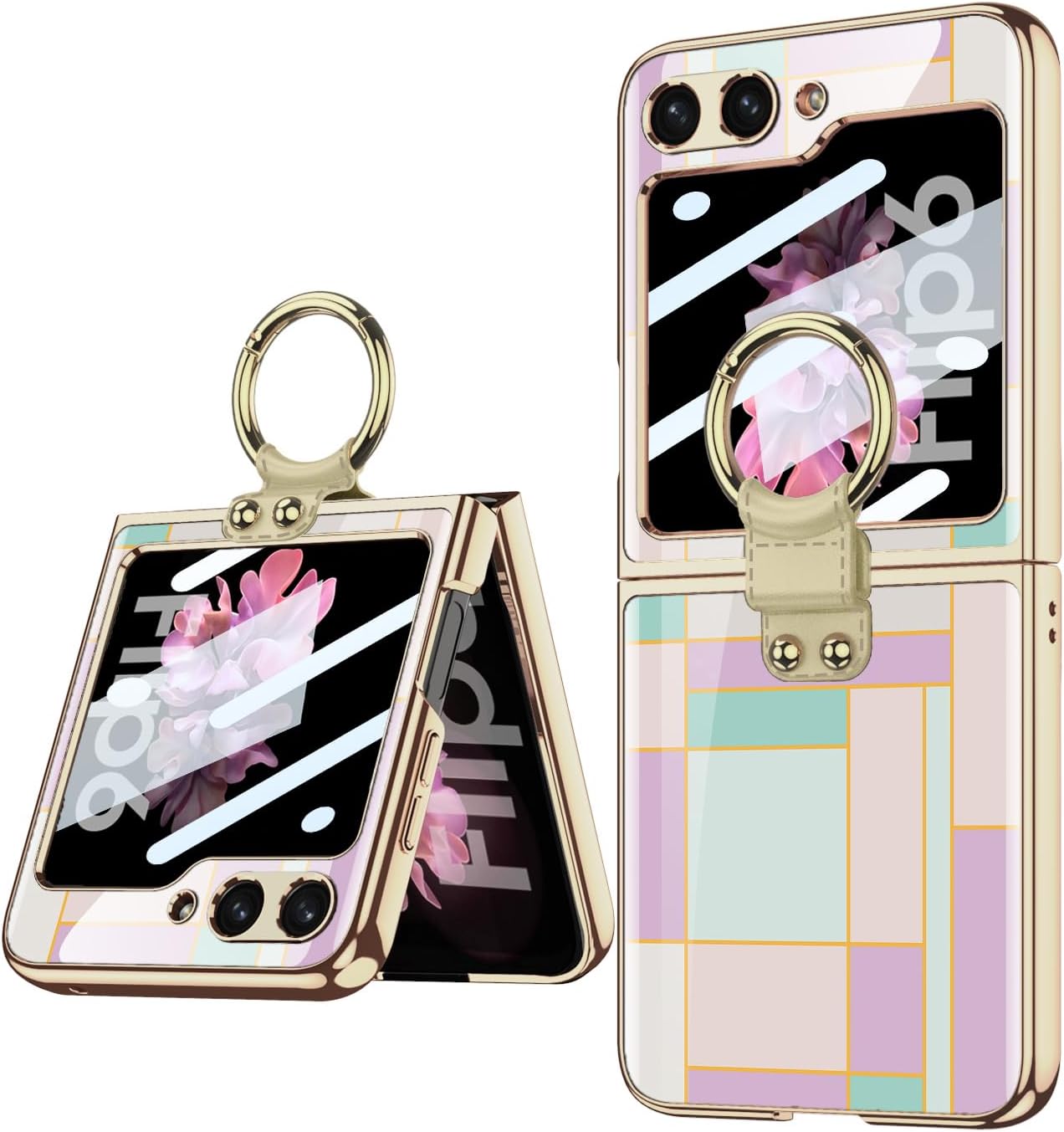 SHIEID Galaxy Z Flip 6 Case with Ring Stand - Ultra-Thin, Shockproof Protective Cover with Built-in Small Screen Protector for Samsung Galaxy Z Flip 6 Phone Case, Purple Pink