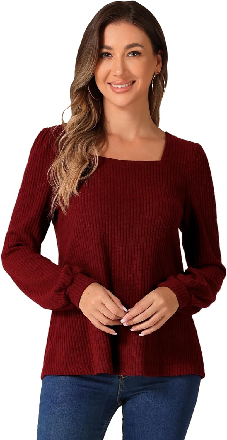 Allegra K Women's Vintage Square Neck Pullover Sweater Casual Puff Long Sleeve Ribbed Knit Top