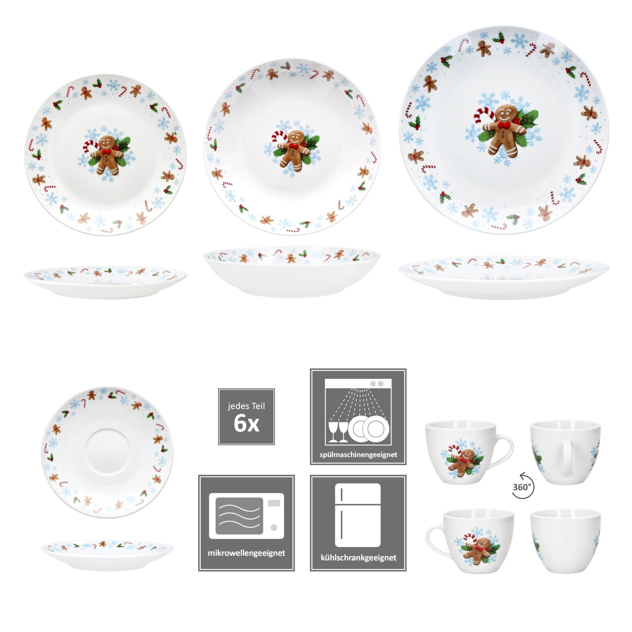 MamboCat Candyman 30tlg Kombiservice I Porzellan-Geschirrset mit Weihnachtsdekor für 6 Personen I Je 6x Speiseteller, Suppenteller, Kuchenteller, Tassen & Untertassen