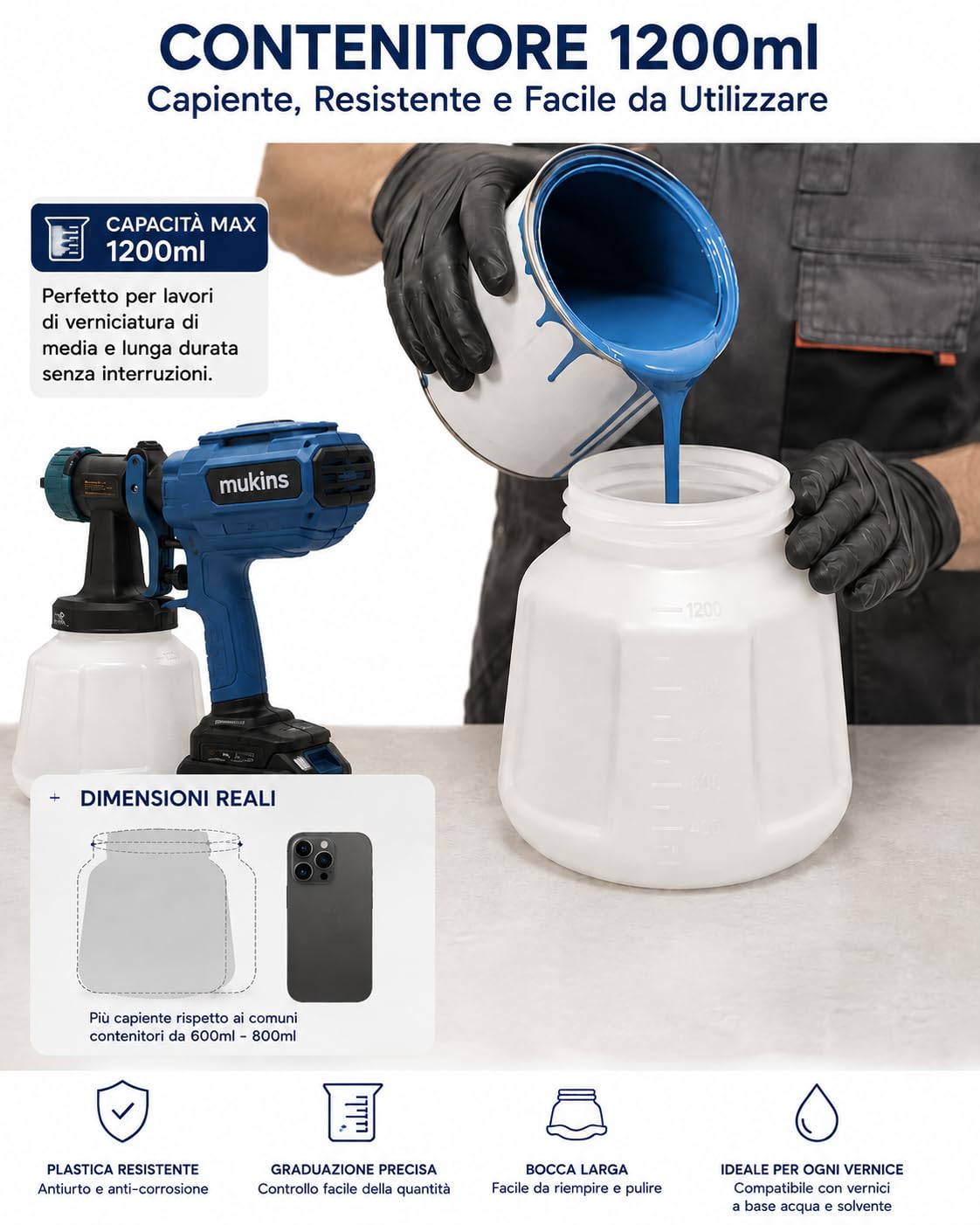 Pistola a Spruzzo Vernice 800W con 2 Batterie, Contenitore 1200 ml, 3 Ugelli, Regolazione del Flusso, Spruzzatore Elettrico per Pareti, Mobili, Porte, Recinzioni e Legno