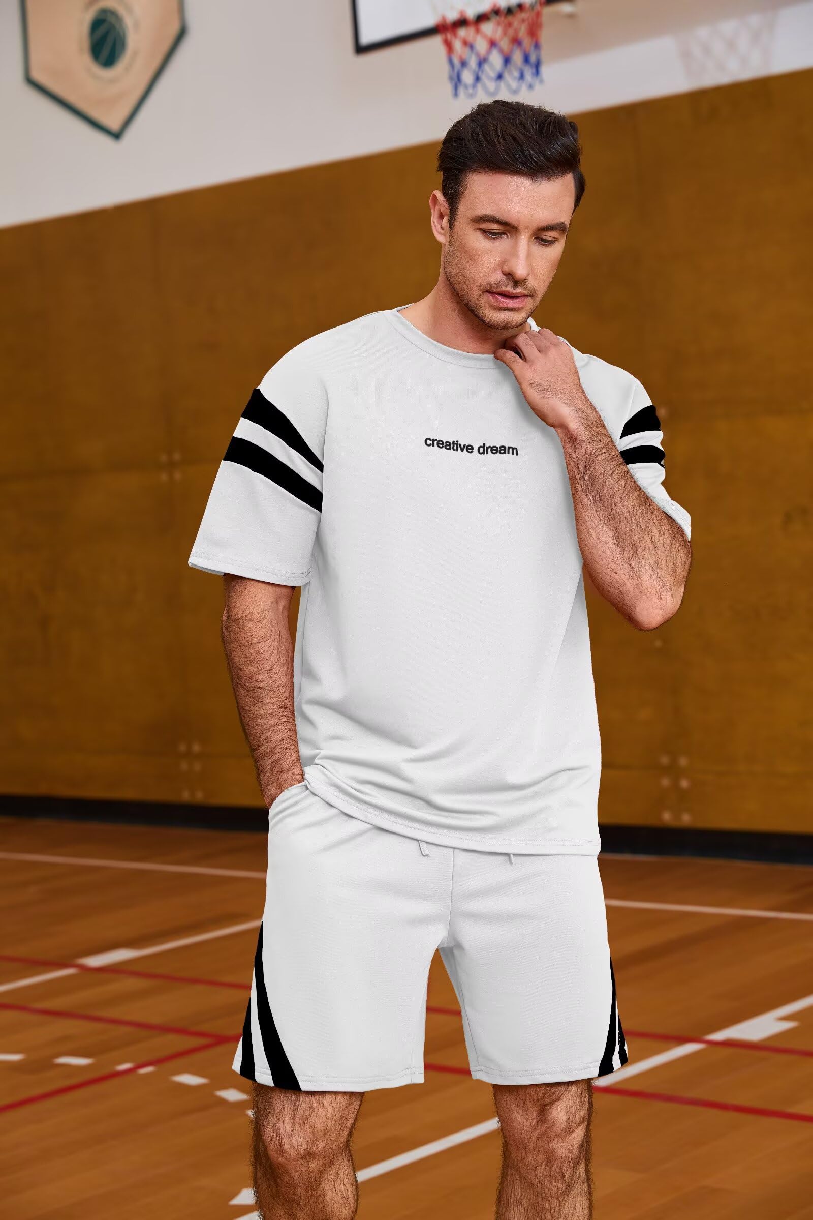 Remxi Tuta da uomo in 2 pezzi, set estivo corto da uomo, maglietta a righe e pantaloni, tuta casual