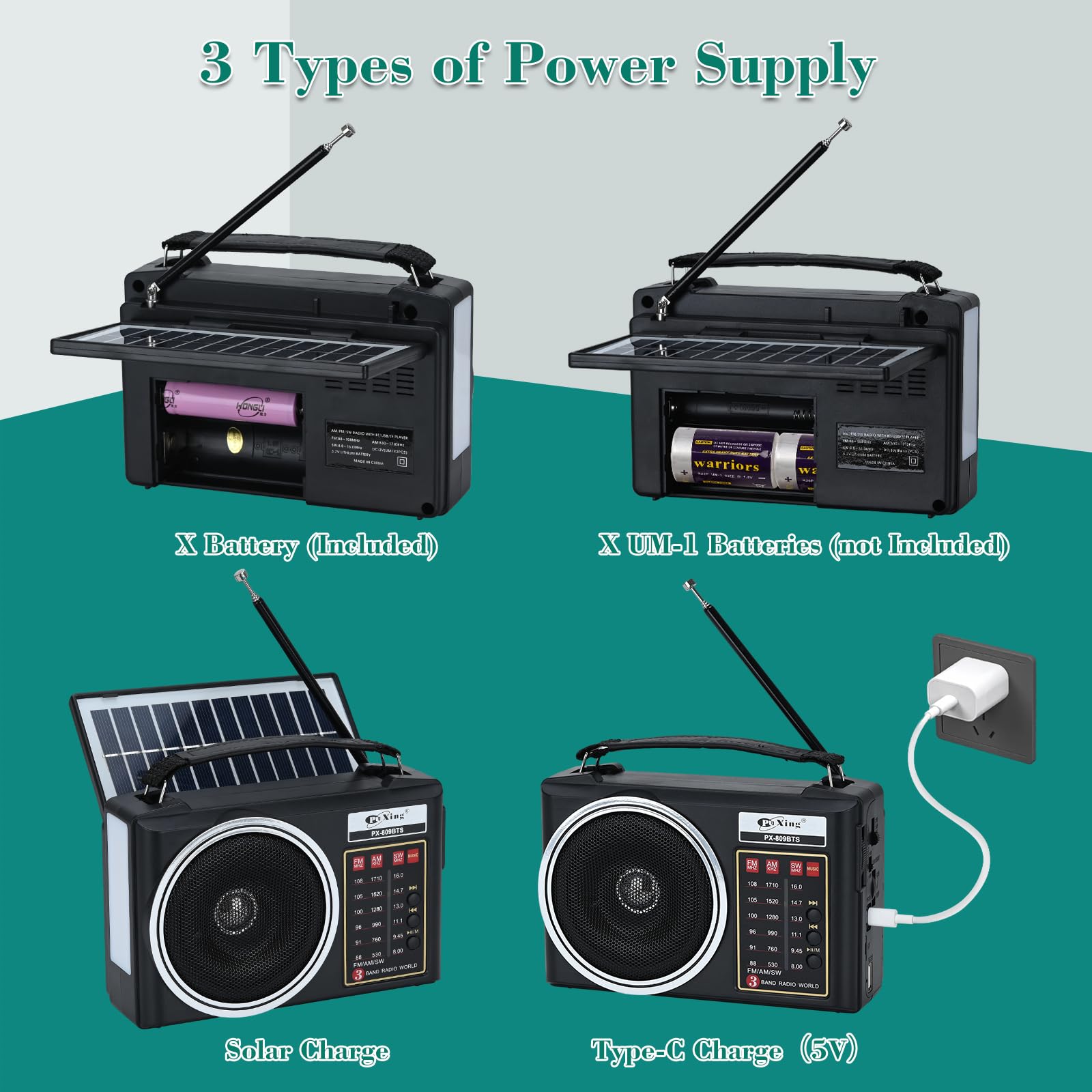 Radio rétro Portable, Radio Bluetooth AM/FM/SW compacte avec Panneau Solaire, éclairage LED Portable, Batterie Rechargeable, Support pour Carte TF/USB-MP3 Player (Noir)