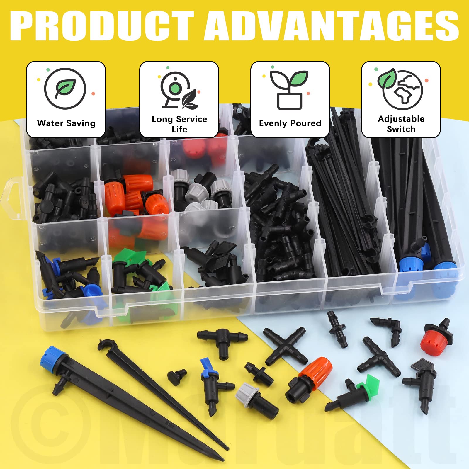 Mardatt 224Pcs Drip Irrigation Barbed Connectors 1/4''Tubing Fittings Kit with Elbows, End Plug, Straight Barbs, Sprinkler Nozzle, Tees,Elbows, 4-Way Coupling for Garden Lawn Agriculture Hydroponic - Image 4