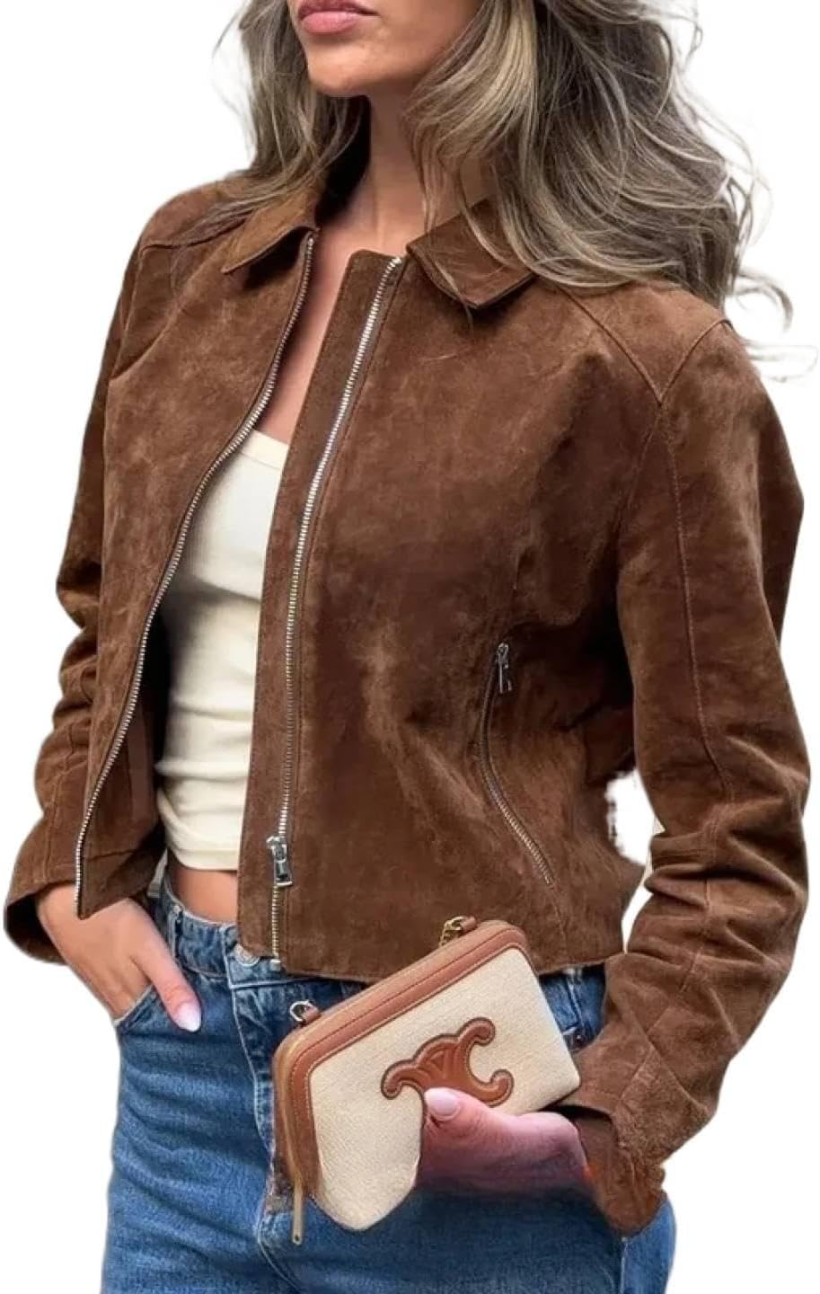 Women Streetwear Suede Slim Zipper Pockets Long Sleeve Fall Casual Vintage Elegant Outwears Jackets