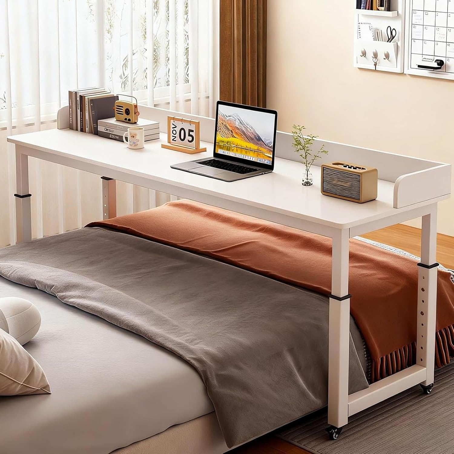 Adjustable Overbed Table on Wheels, Rolling Overbed Table with Baffles, Standing Workstation, Laptop Cart Computer Desk for Bedroom Study Office Bed Table(White,210x50cm/82.6x19.6'')