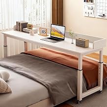 Adjustable Overbed Table on Wheels, Rolling Overbed Table with Baffles, Standing Workstation, Laptop Cart Computer Desk for Bedroom Study Office Bed TableWhite,180x50cm/70.8x19.6''